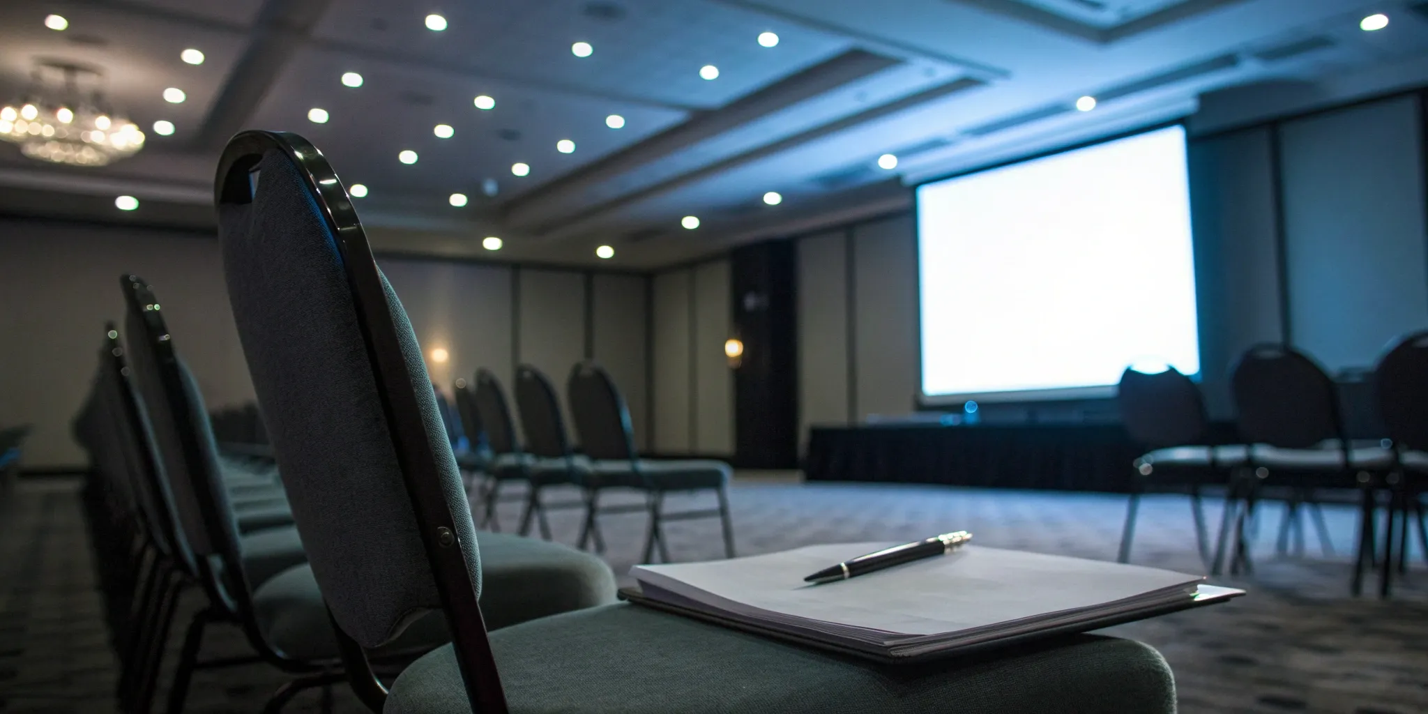 A professional conference room set up for a workplace violence PowerPoint presentation.