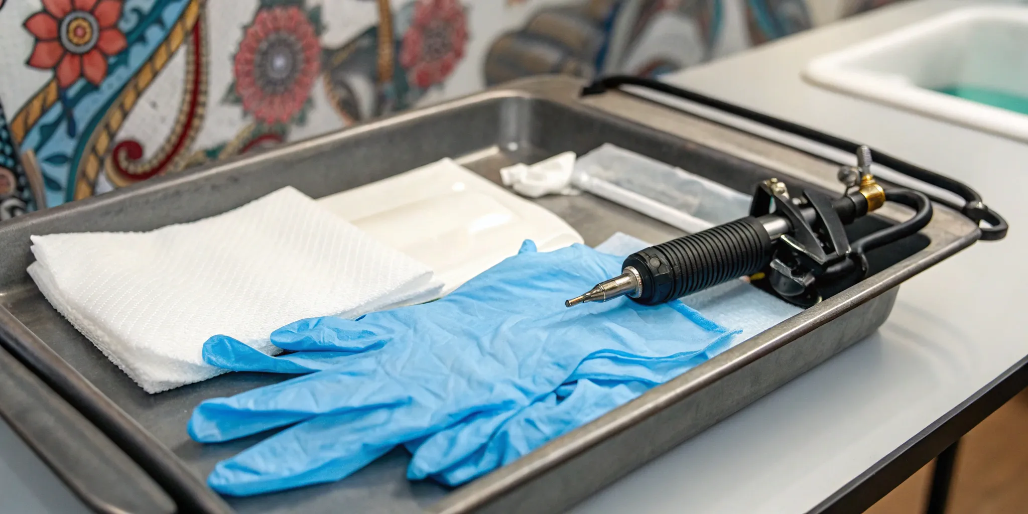 Tattoo machine and sterile supplies for a tattoo artist's bloodborne pathogens certification.