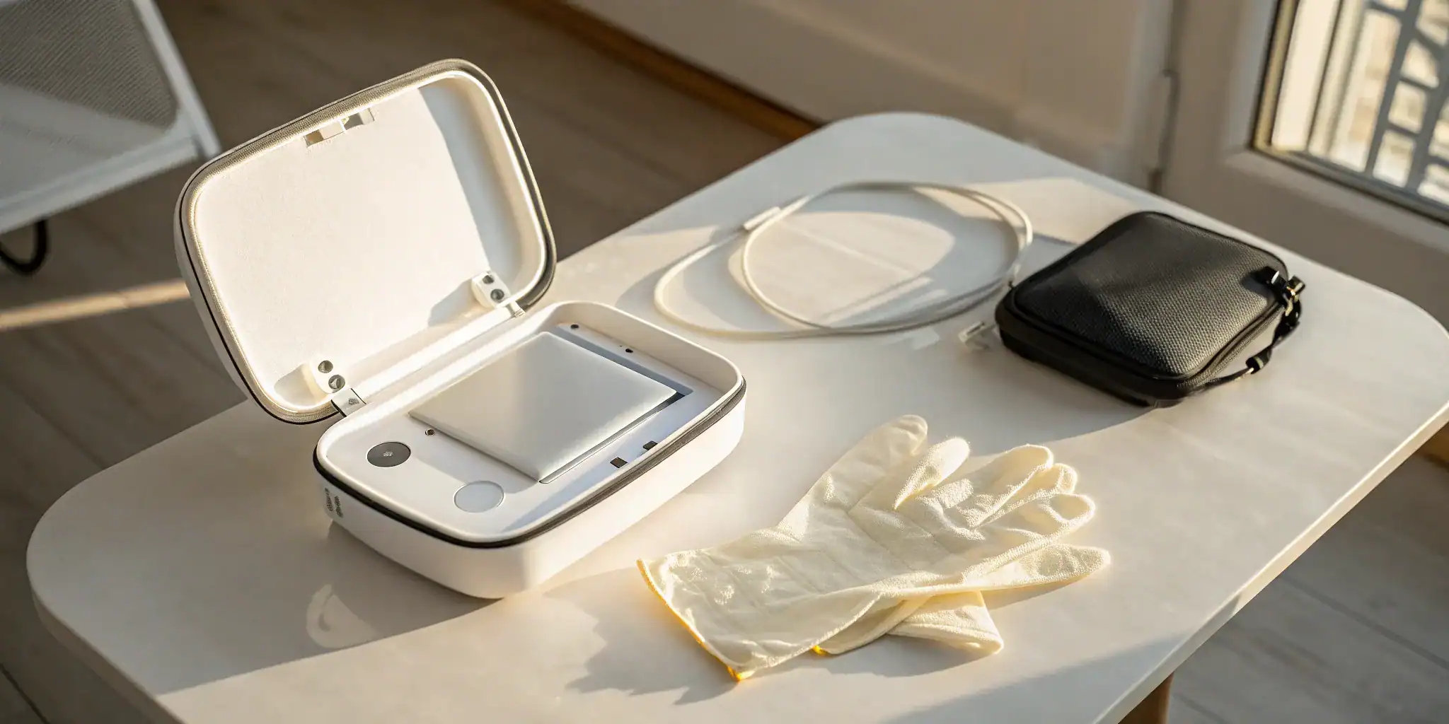 A cheap AED machine with its essential rescue kit and carrying case.