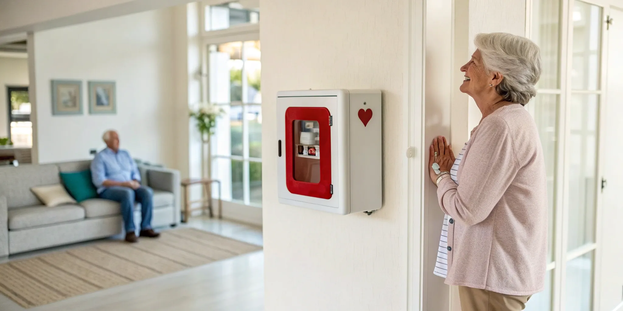 A woman with the automated external defibrillator she decided to buy for her home.