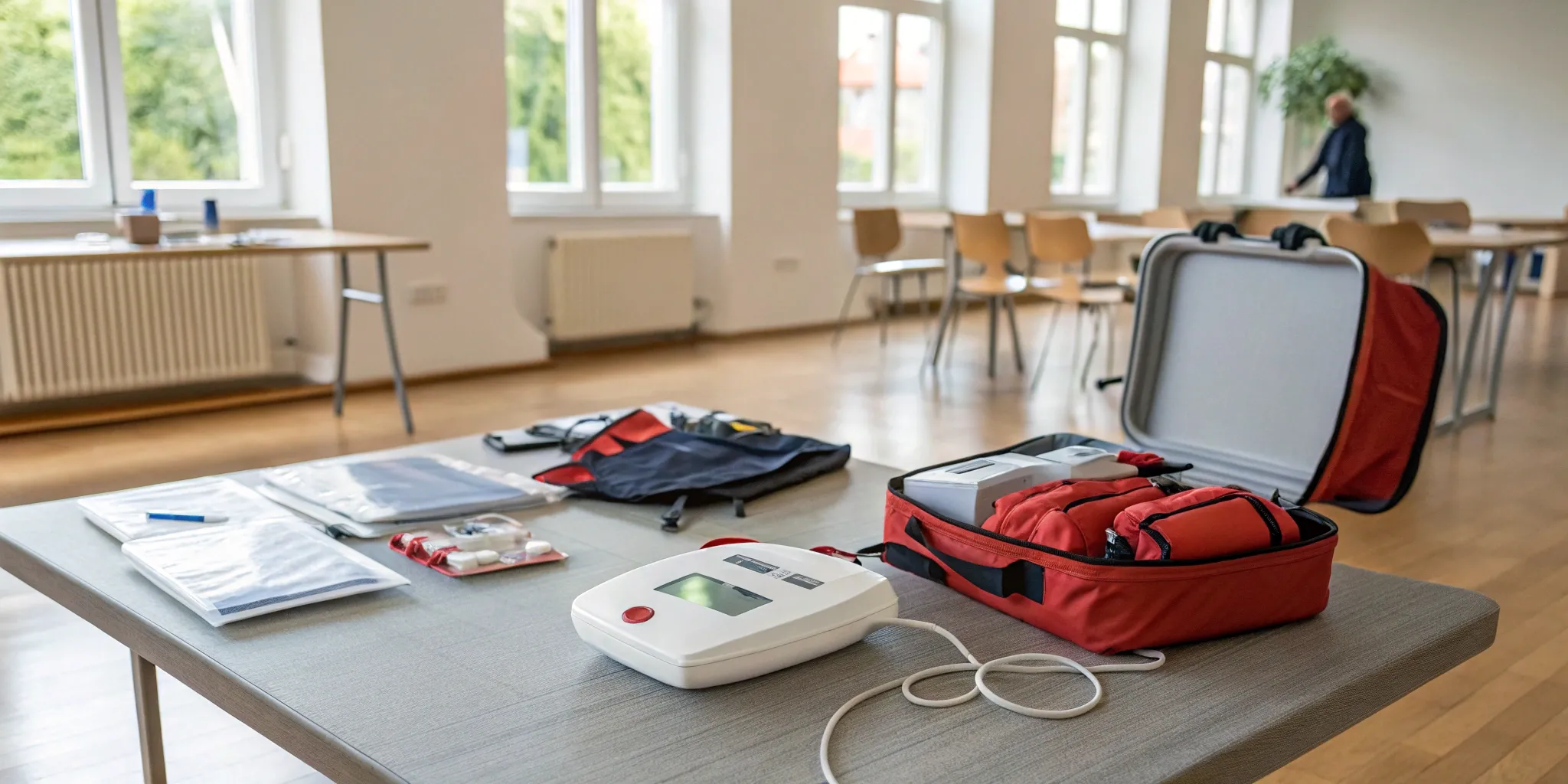 An AED and emergency response kit ready for use after learning how to get a free AED.