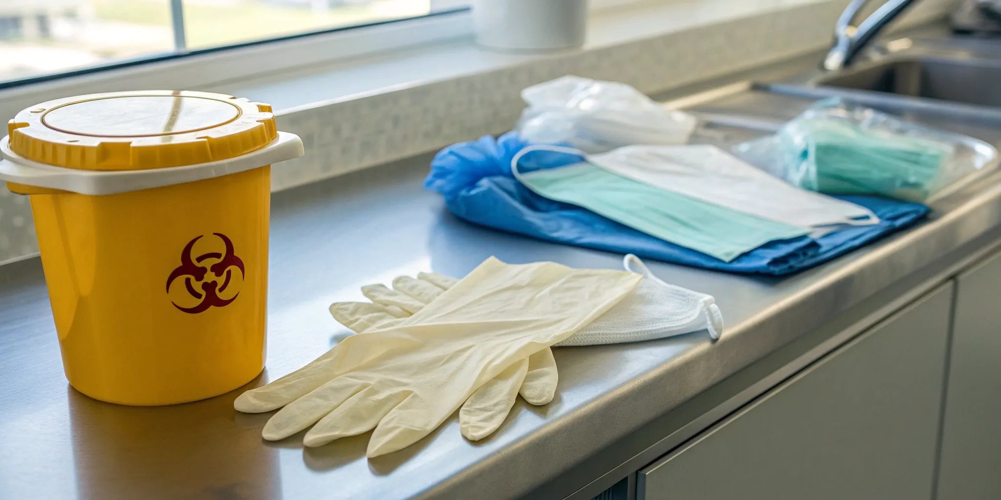 OSHA bloodborne pathogens compliance using PPE and a biohazard waste container.