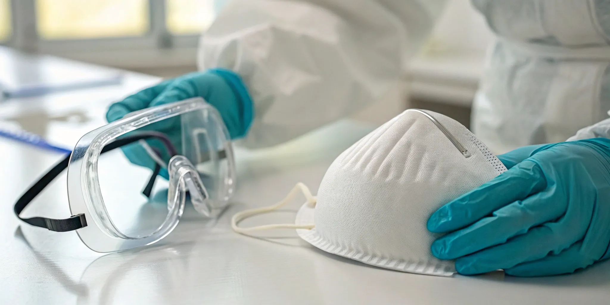 Gloves, a face mask, and safety goggles for OSHA bloodborne pathogens training.