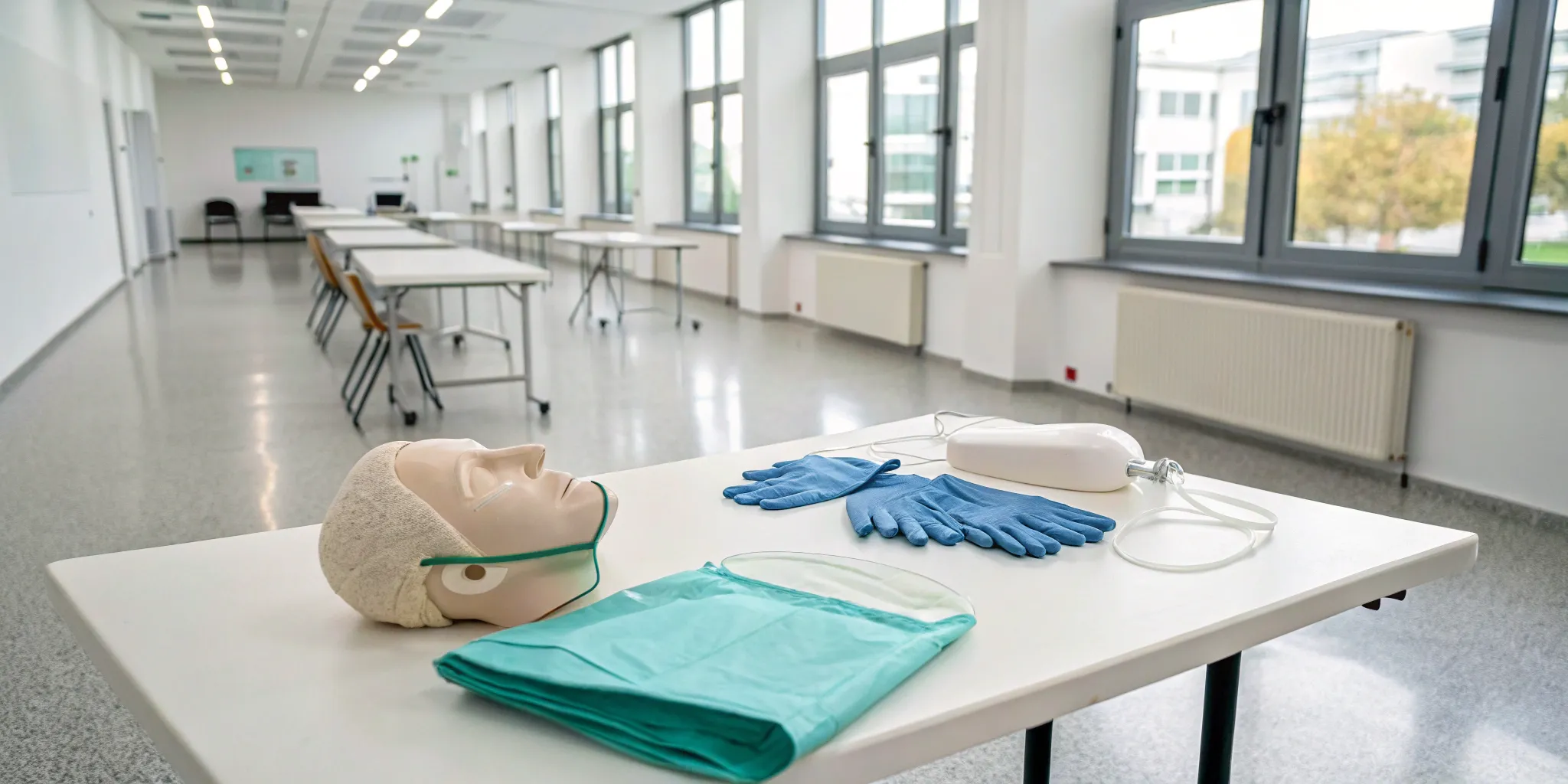 OSHA bloodborne pathogens training requirements demonstrated with PPE and a mannequin in a classroom.