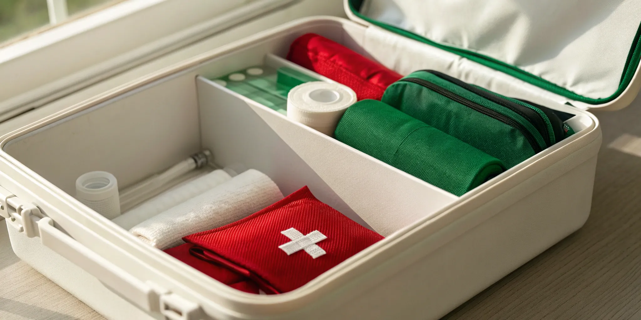 An OSHA compliant first aid kit with required supplies for workplace safety.