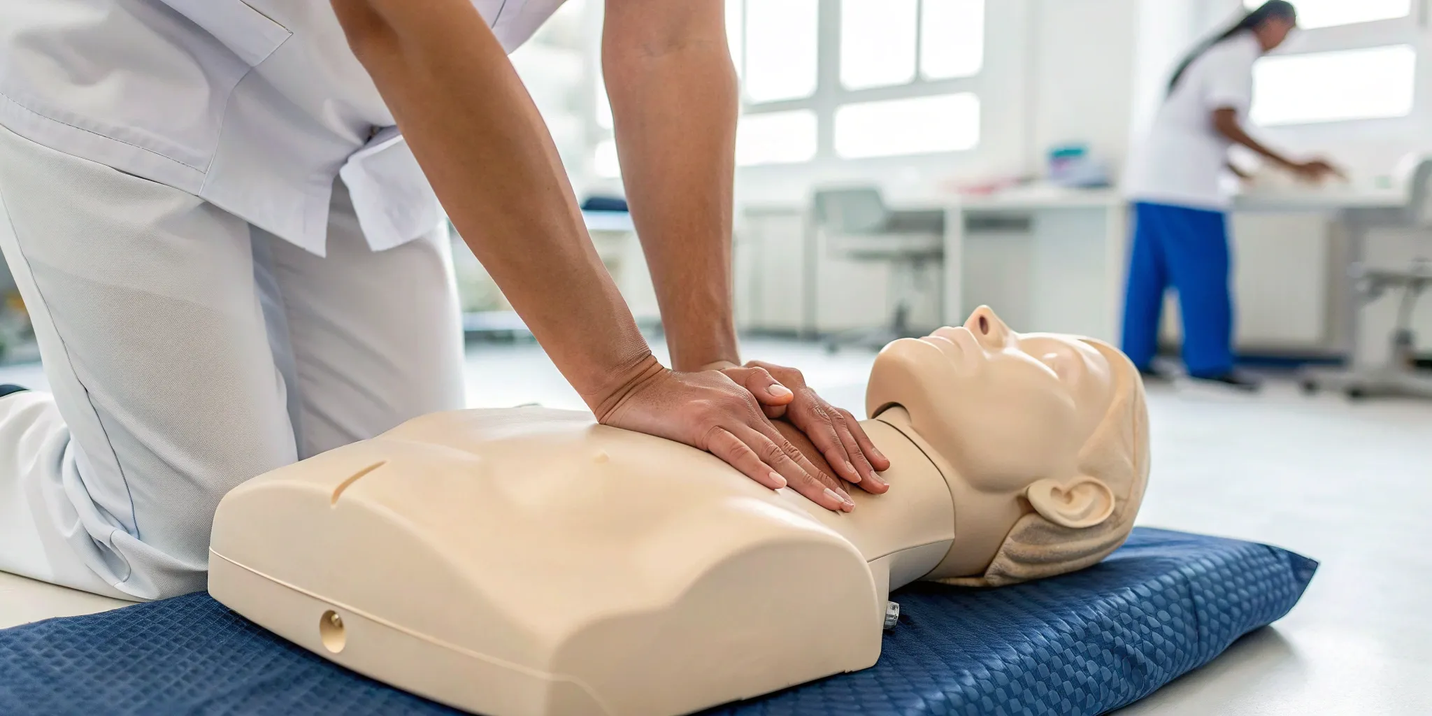 Healthcare provider practicing chest compressions on a manikin to renew their BLS certification.