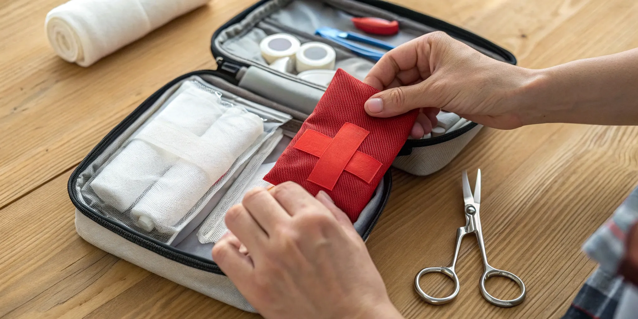 A person opens a Stop the Bleed training kit containing a tourniquet, bandages, and scissors.