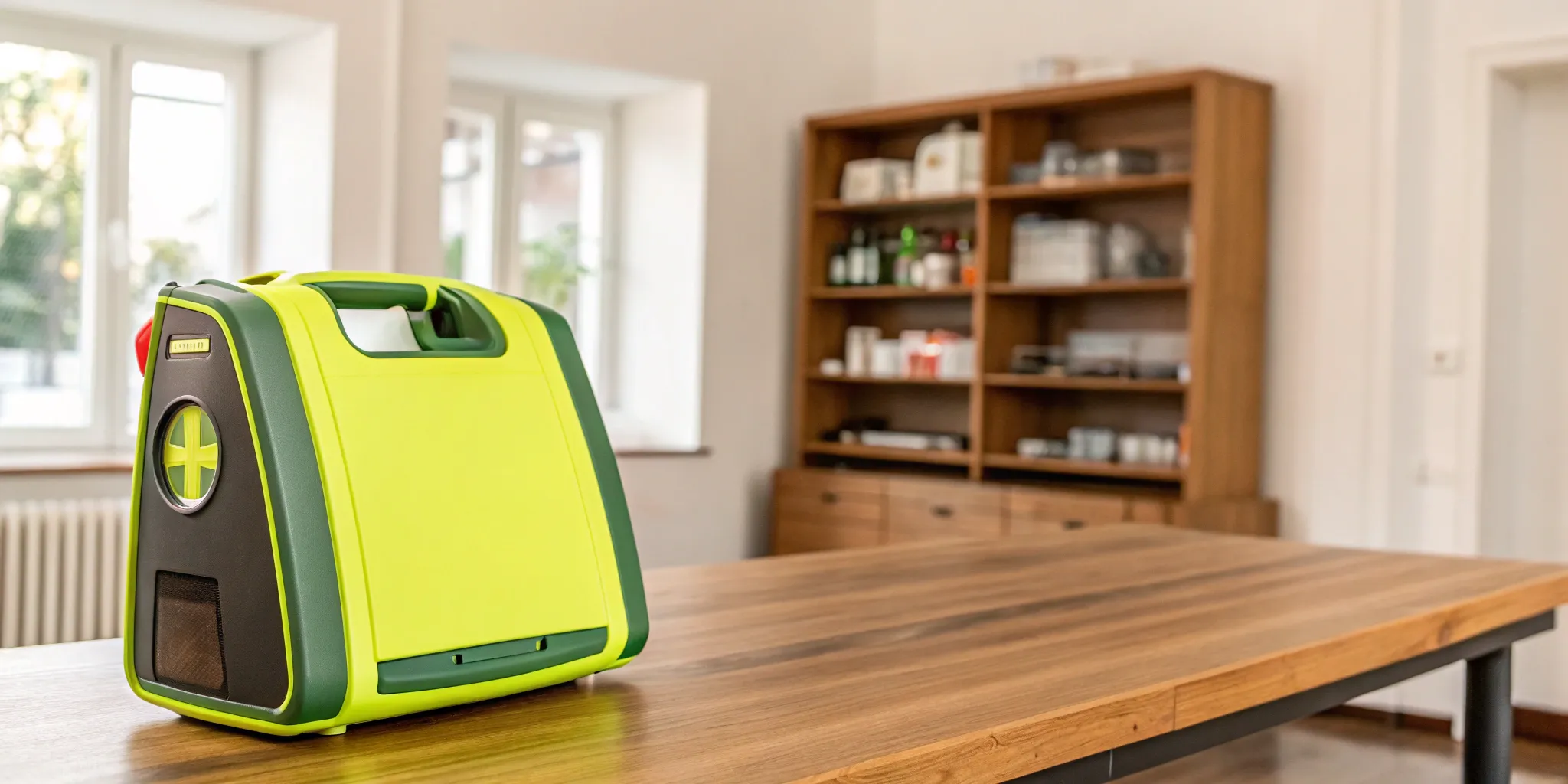 A bright green AED device on a wooden table, a modern option in the AED market.