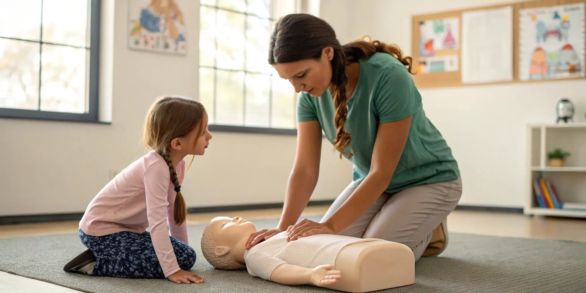 Hands-on pediatric CPR and first aid class with a training manikin.