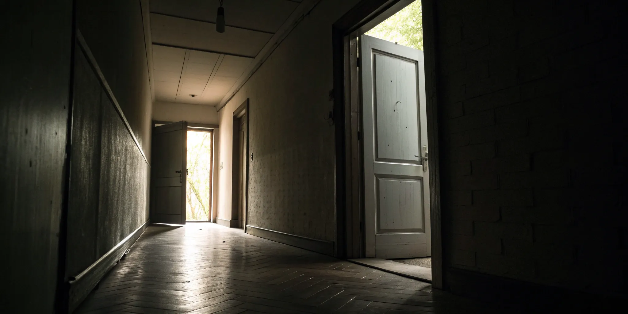 A dark, suspenseful hallway with open doors from the thriller movie Run.