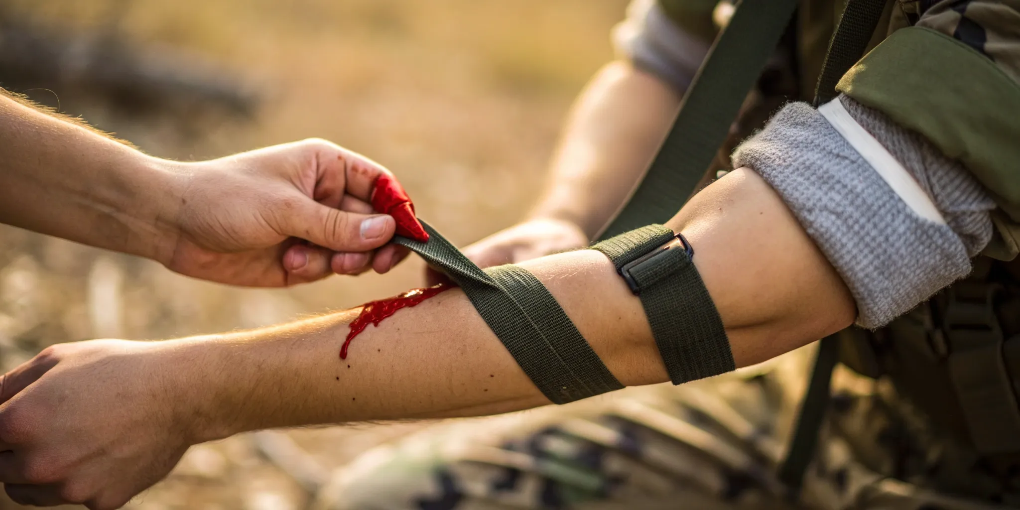 Applying a tourniquet to control severe arm bleeding for Stop the Bleed.