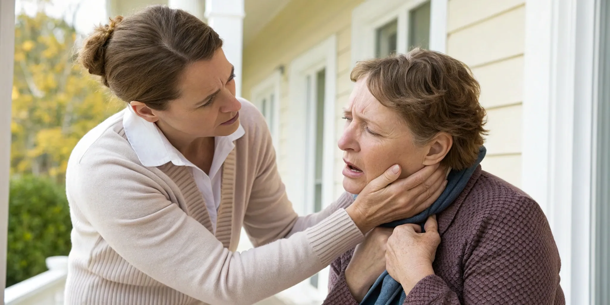 Heimlich maneuver being performed on a choking person.
