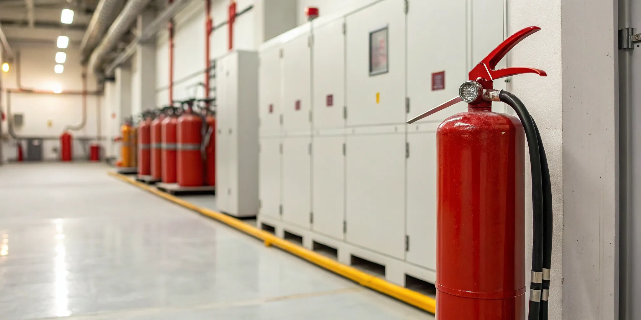 A red fire extinguisher on a wall, meeting OSHA training and safety requirements.