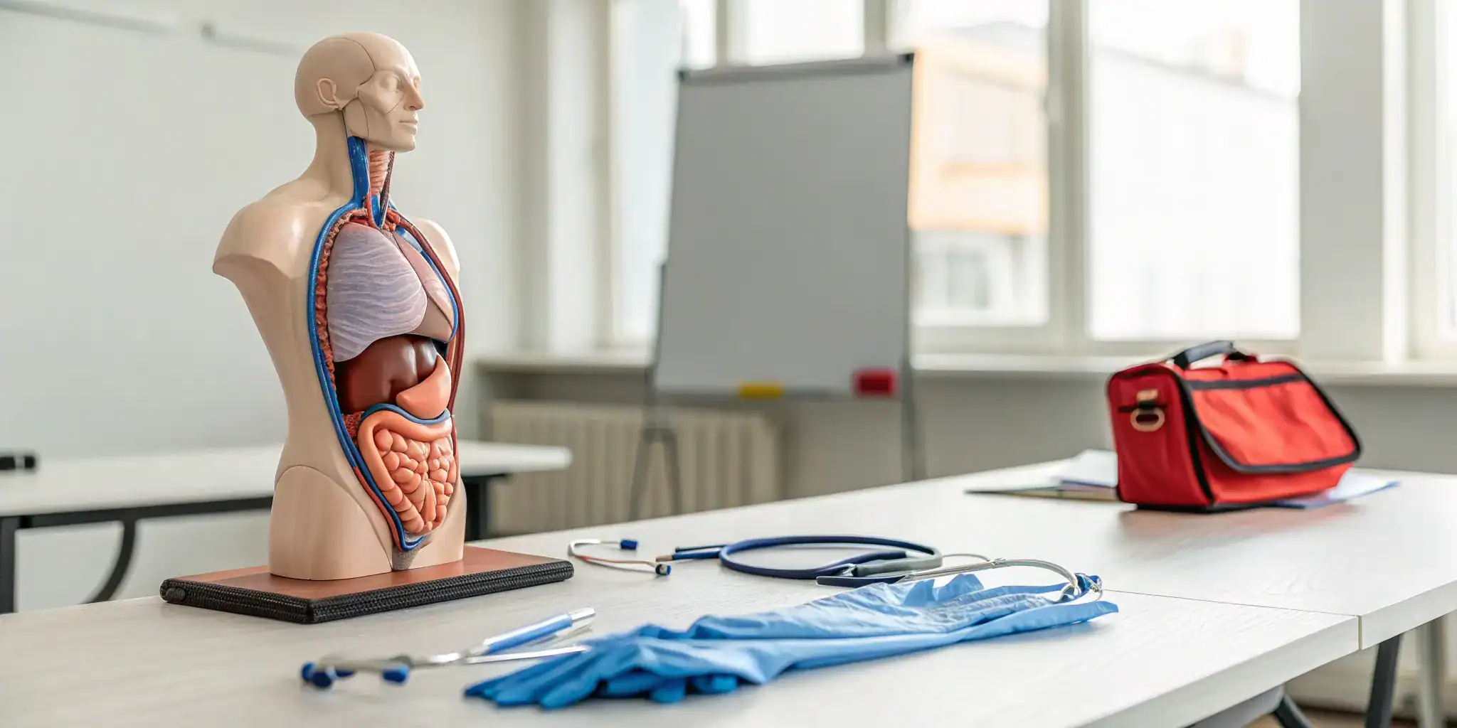 Training setup for OSHA Bloodborne Pathogens Certification with an anatomical model, gloves, and a first aid kit.