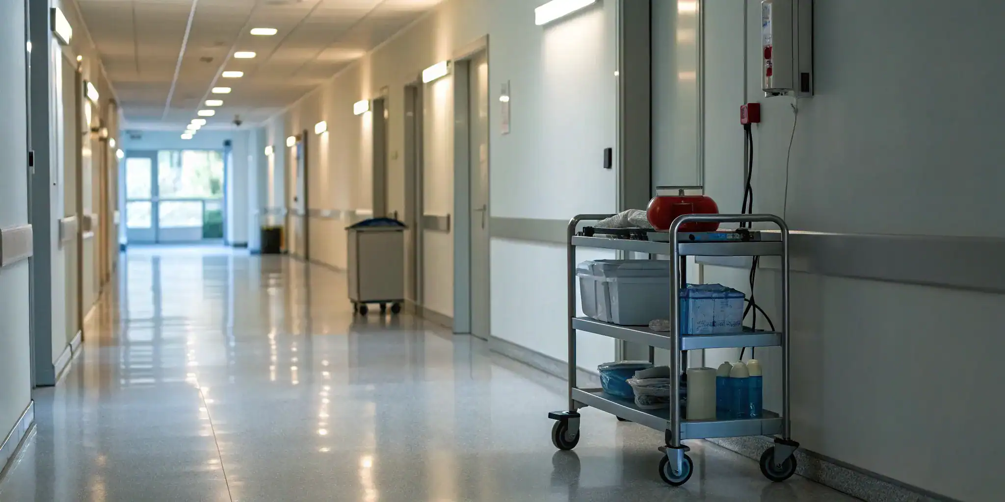 Workplace violence training for healthcare workers in a hospital hallway.