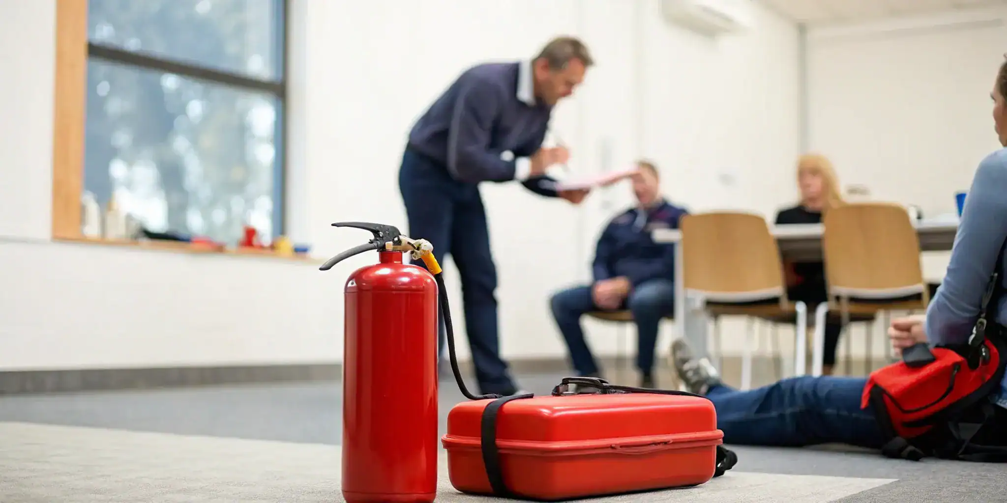 First aid kit and fire extinguisher for implementing a workplace active shooter response program.