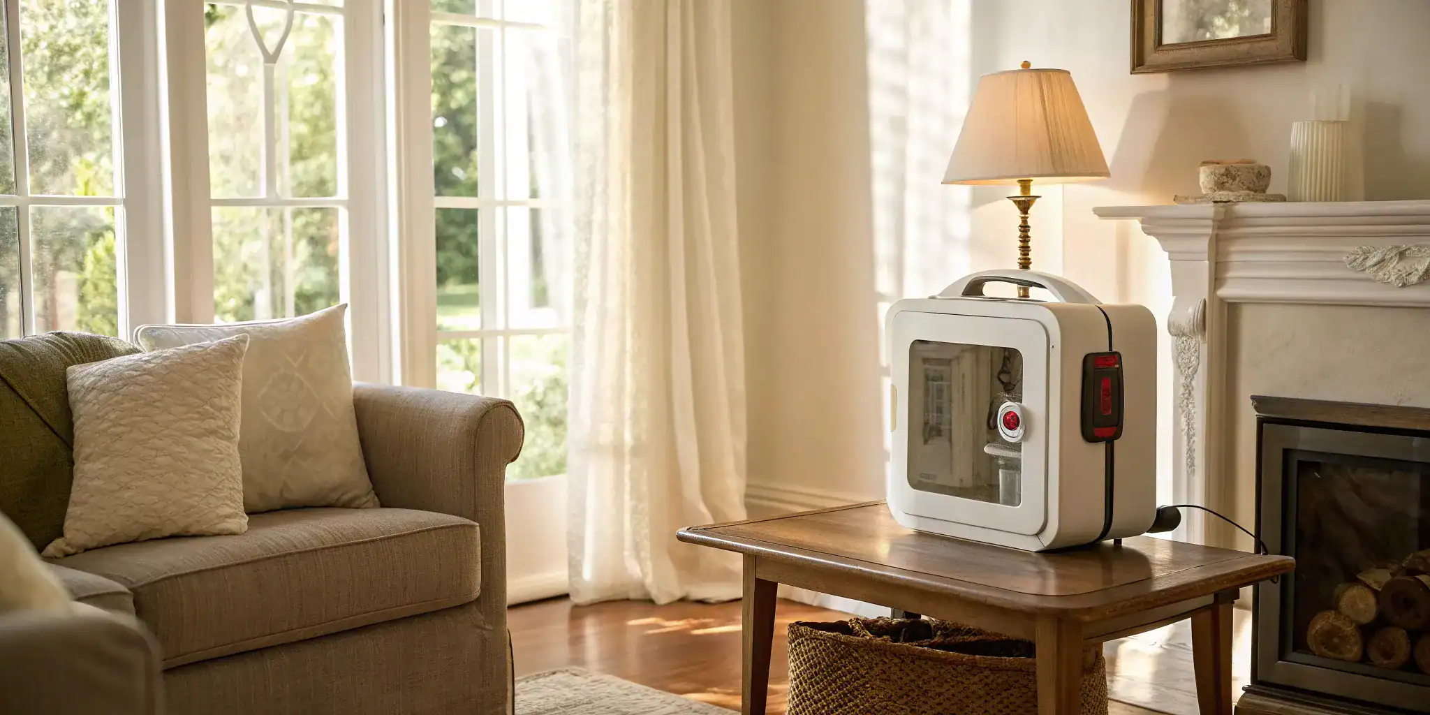 An affordable AED for home sits on a living room table, ready for an emergency.