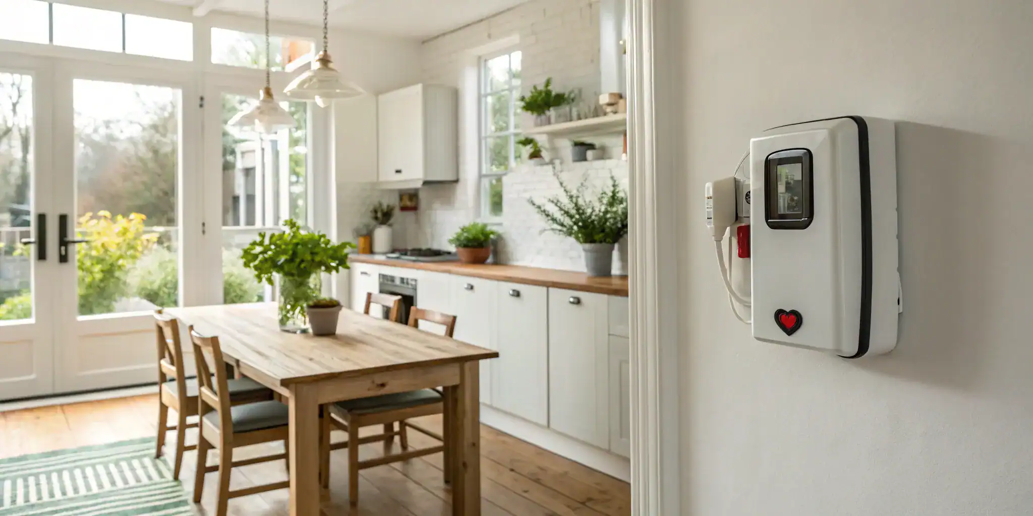 Defibrillator machine for home mounted on a wall in a kitchen.