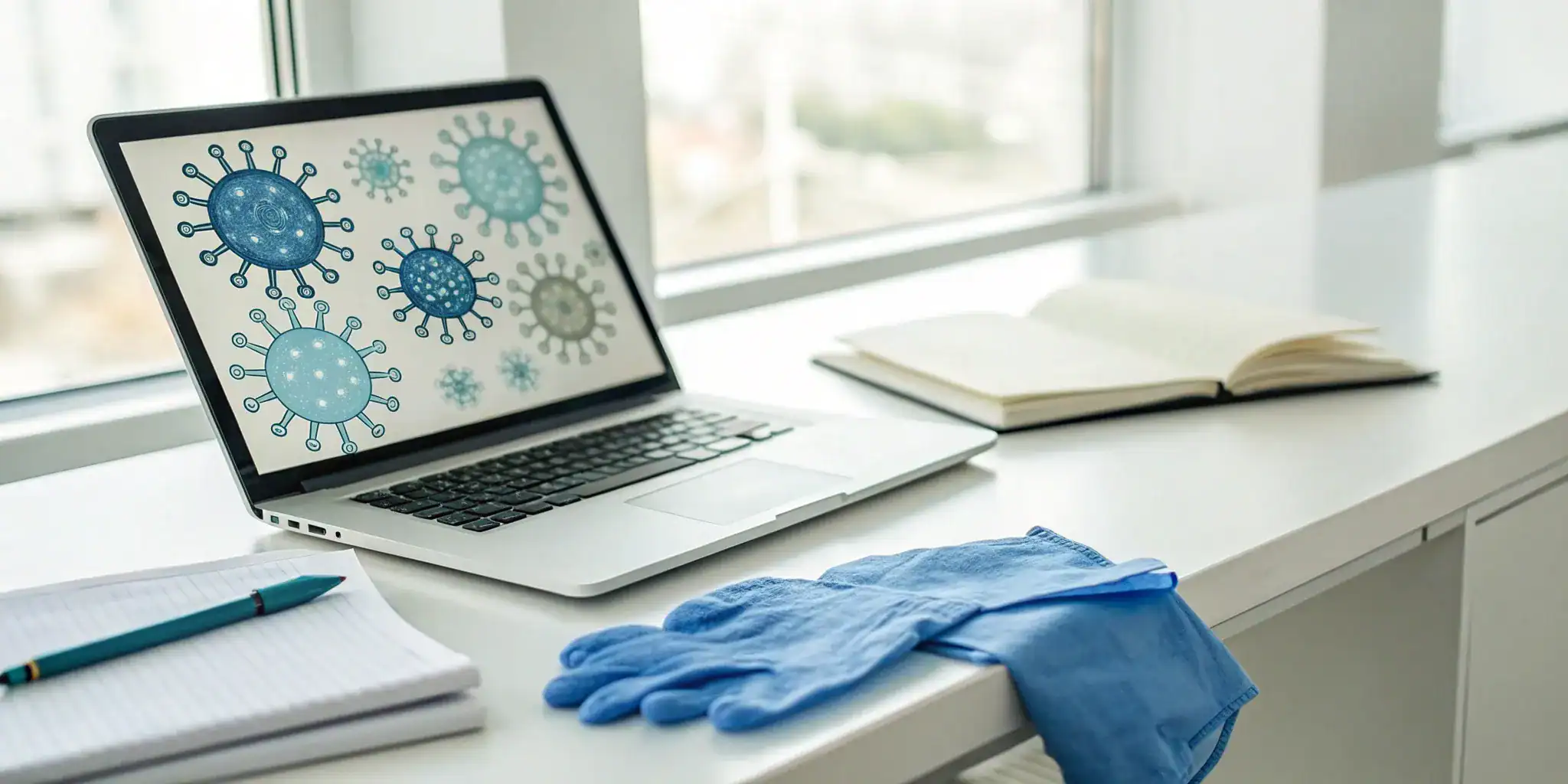 Laptop, blue gloves, and notebook for free bloodborne pathogens training per OSHA requirements.