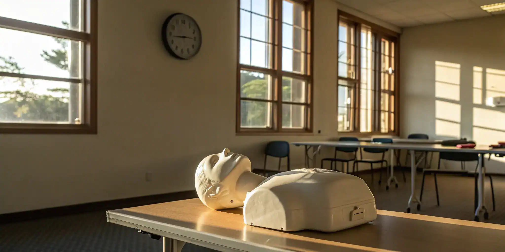 A CPR manikin on a classroom table for the hands-on portion of a CPR certification class.