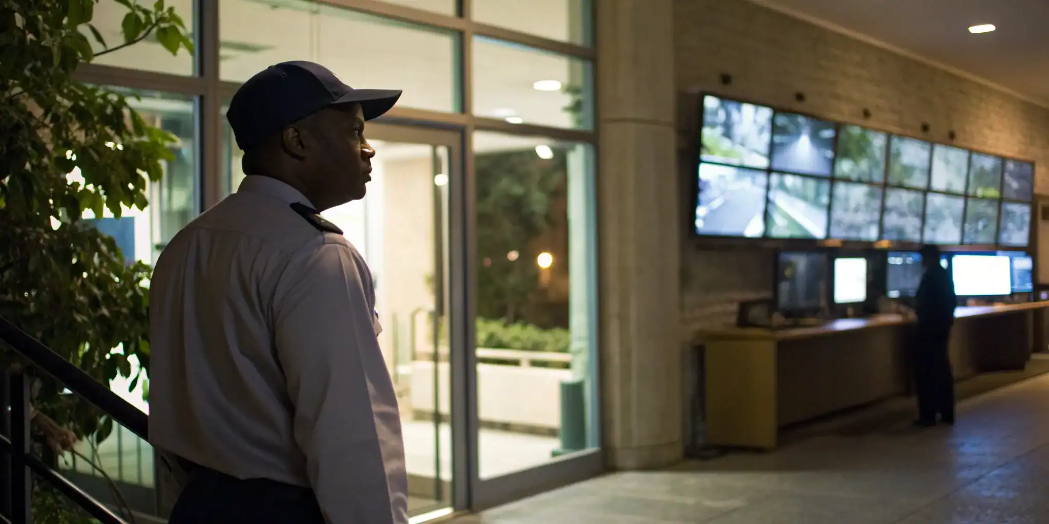 A security guard monitors office cameras, a key strategy for how to prevent workplace violence.