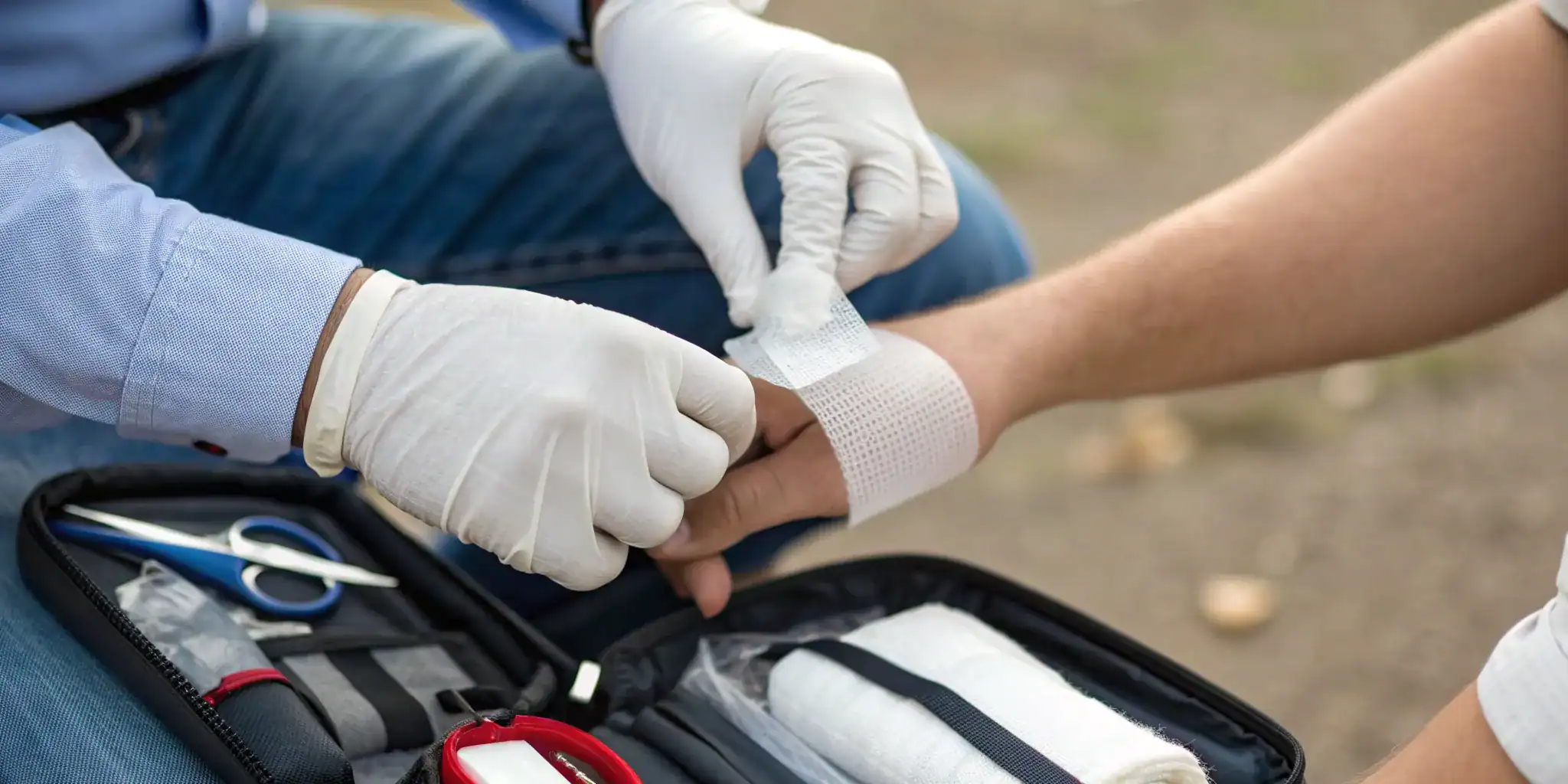 A person uses direct pressure to apply a bandage to an arm during Stop the Bleed training.