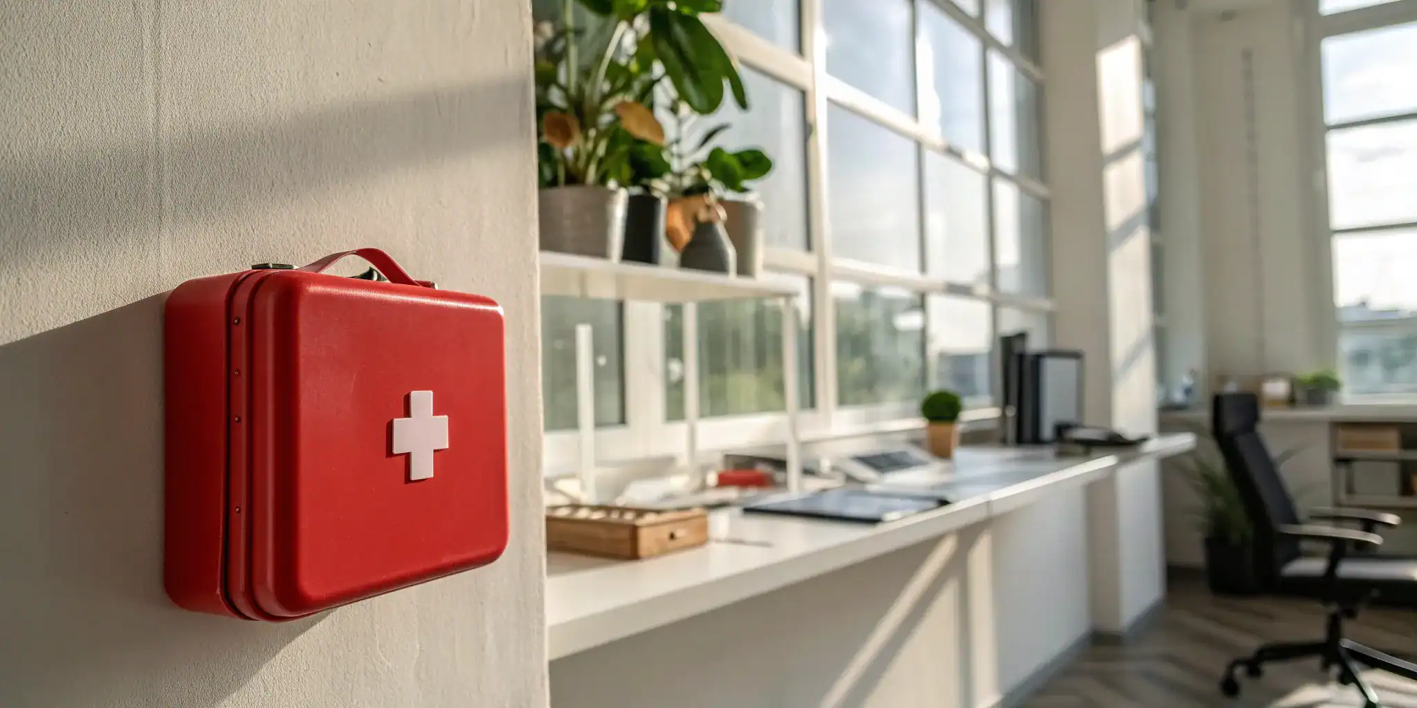 An OSHA first aid kit properly placed on a wall to meet location and accessibility requirements.