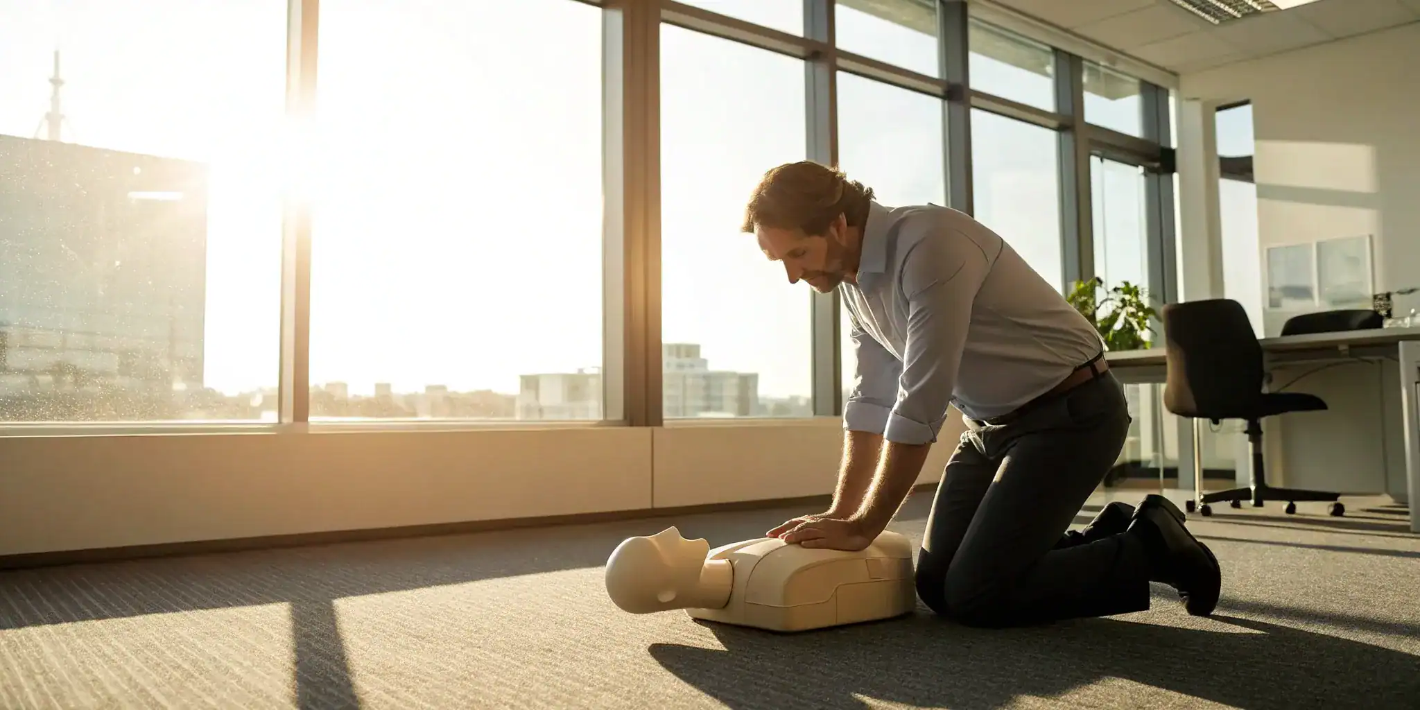 Man practicing onsite CPR and AED training for businesses on a mannequin.