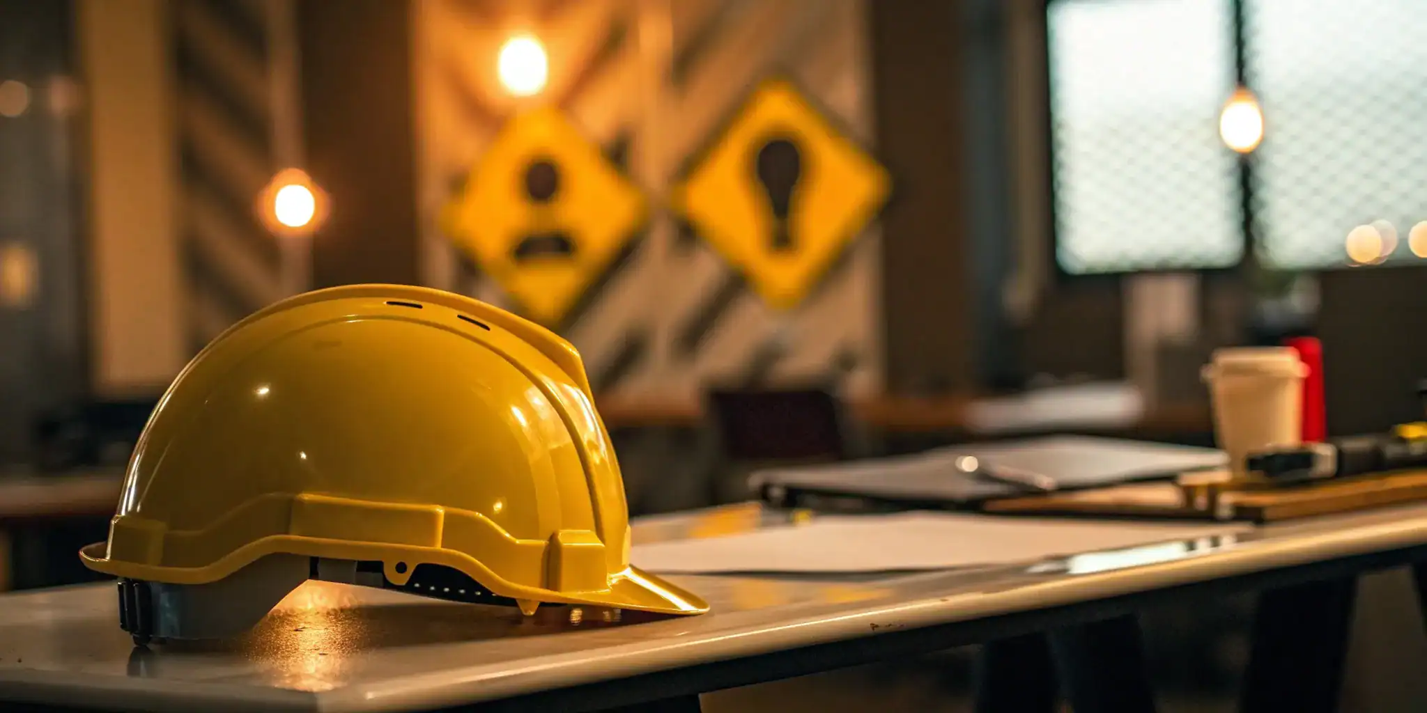 Hard hat on a desk for a workplace violence training PowerPoint required by California law.