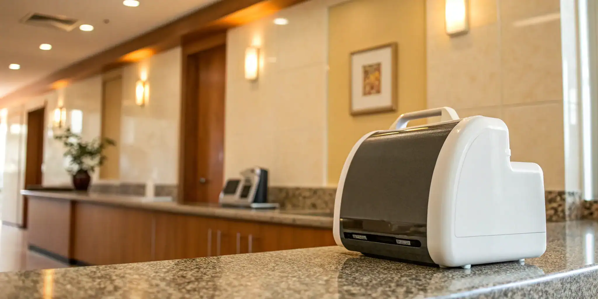 The Defibtech Lifeline AED package on a countertop for a product review.