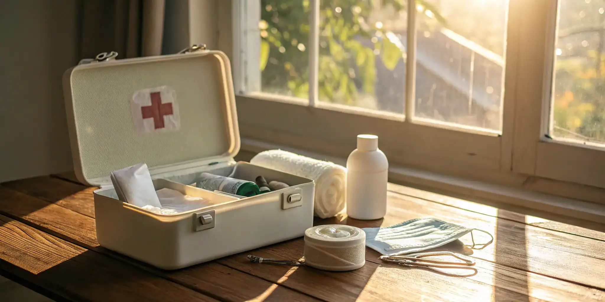 First aid kit supplies ready for workplace first aid management and training.