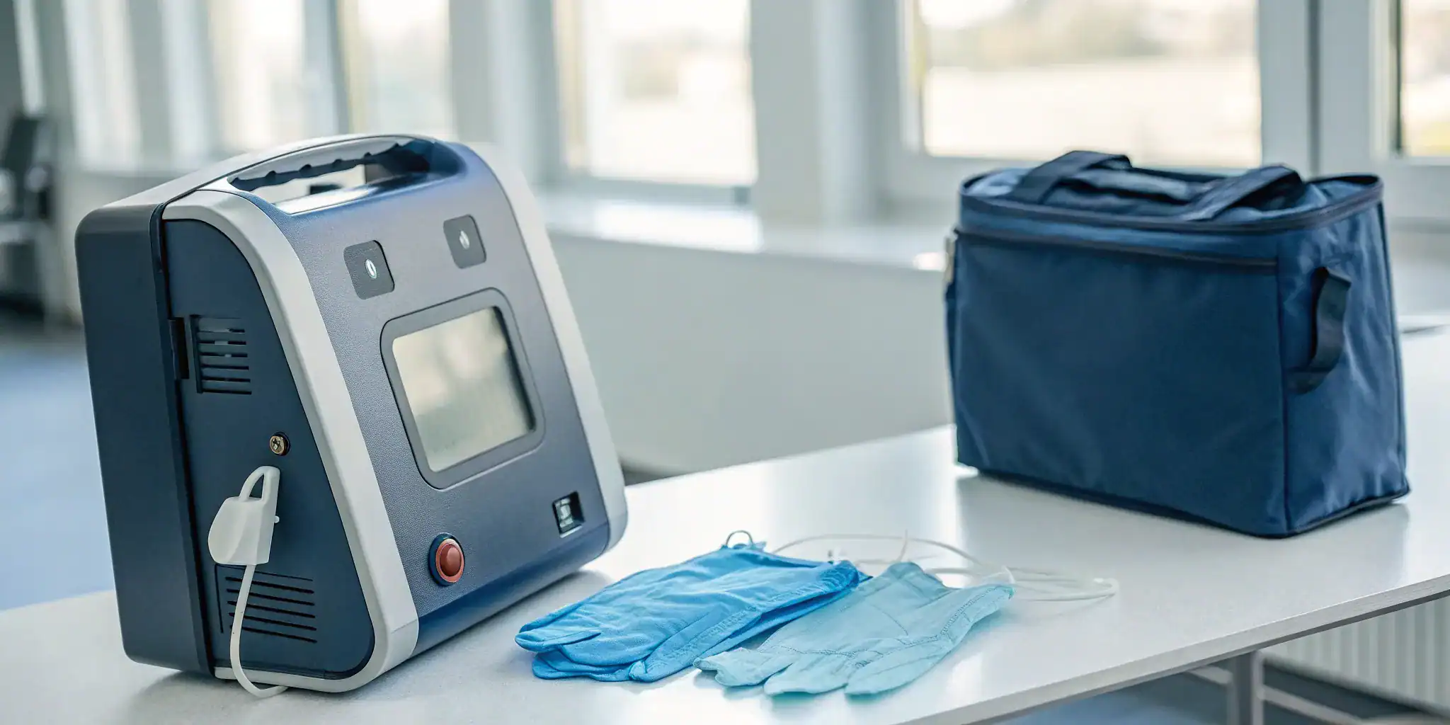 A portable AED machine with its case and pads, key components in the total cost of an AED.