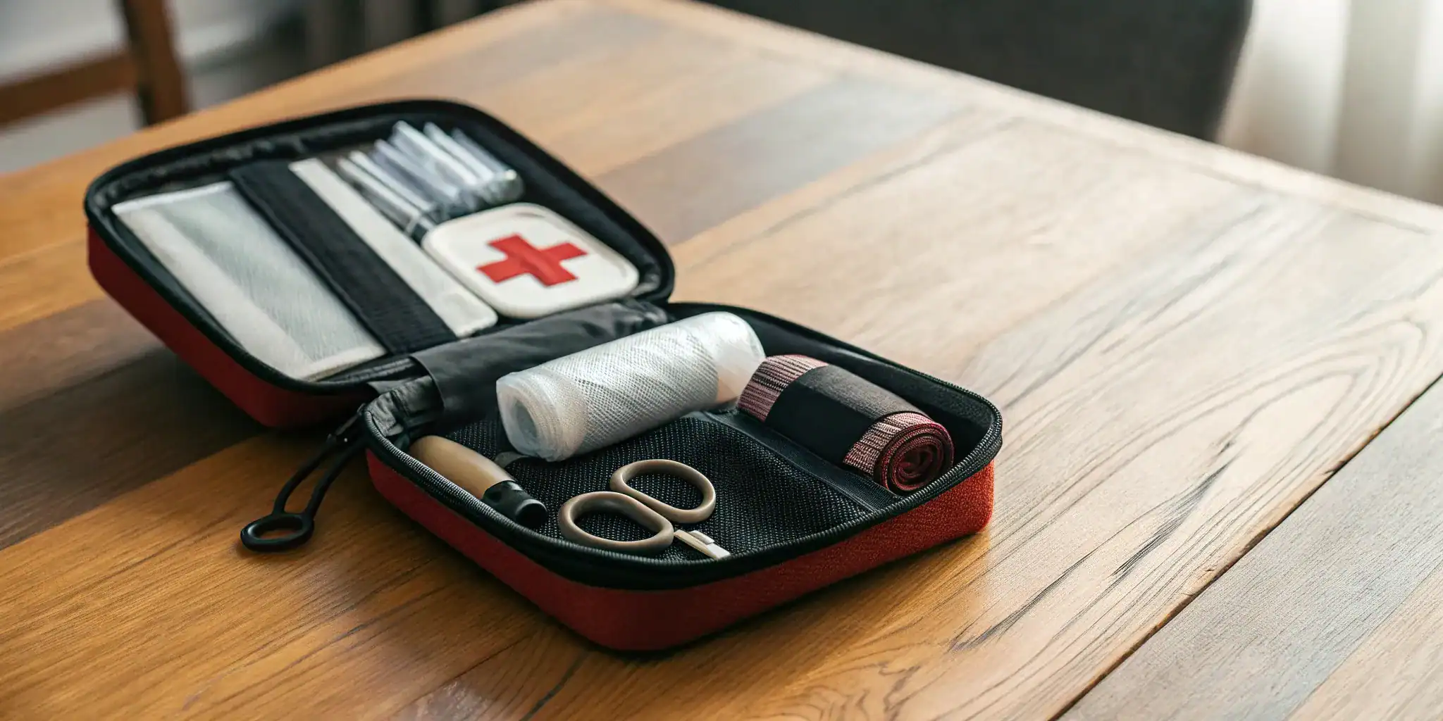 Personal bleeding control kit with a tourniquet, pressure dressing, and trauma shears.