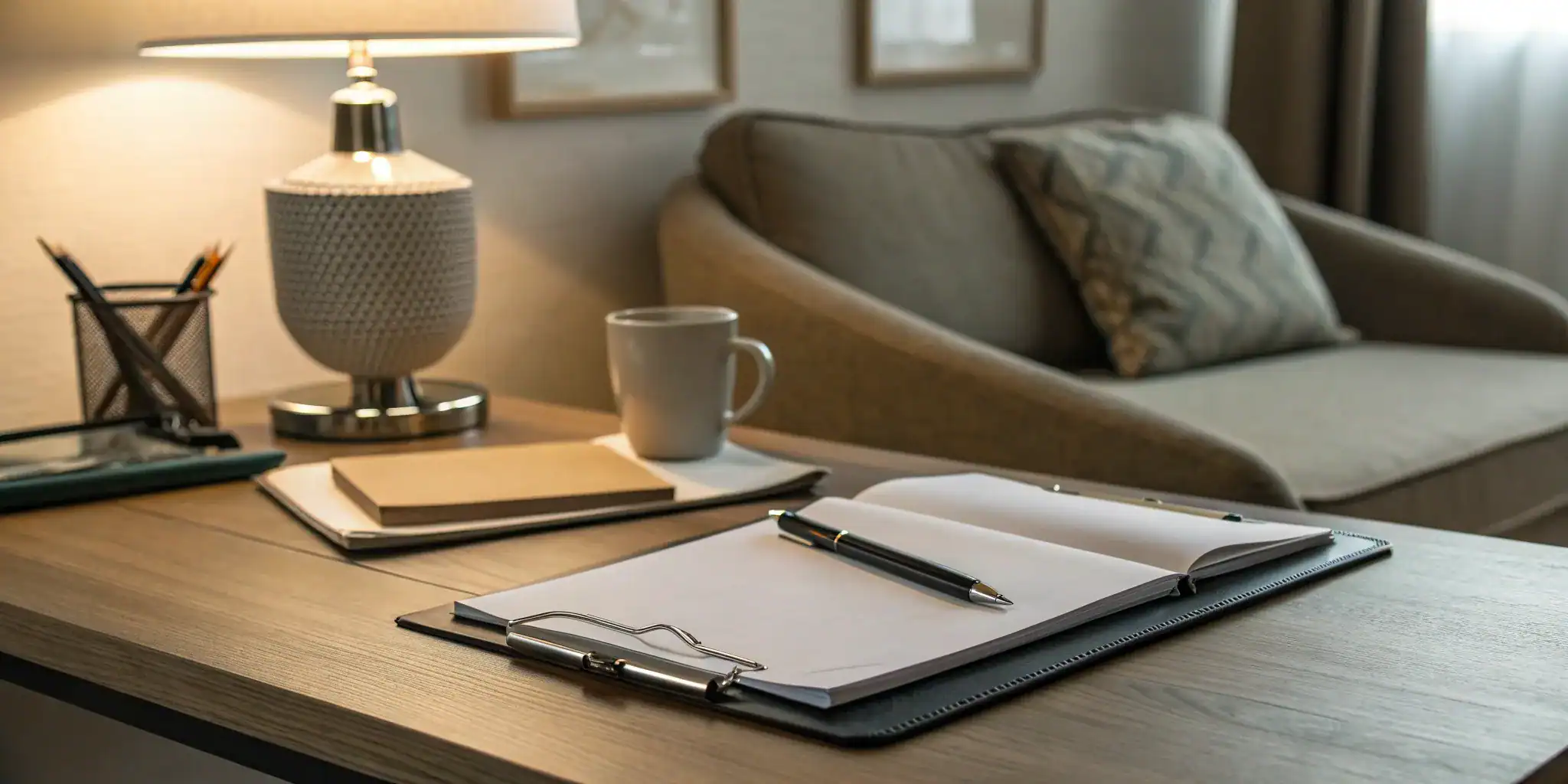 Writing an OSHA workplace violence prevention plan in a notebook on a desk.