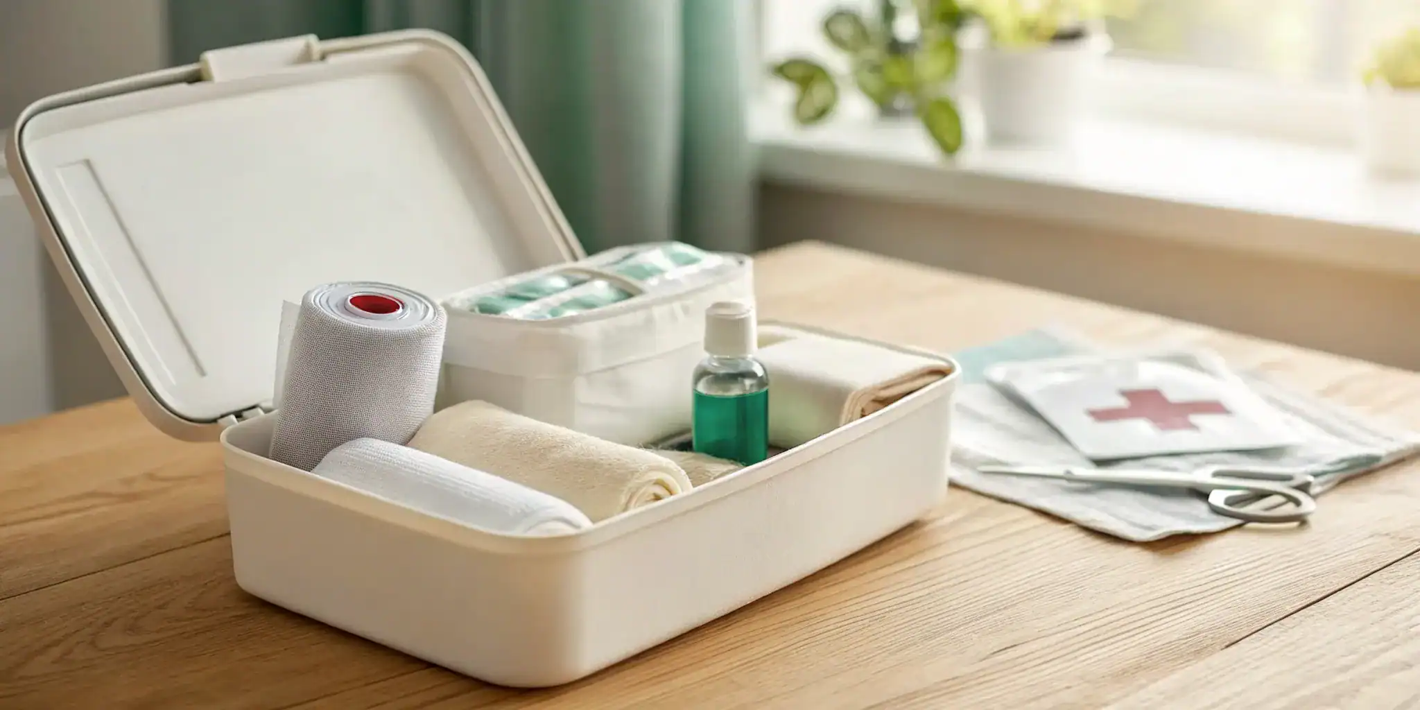 First aid kit and supplies for an occupational Level 2 training guide.