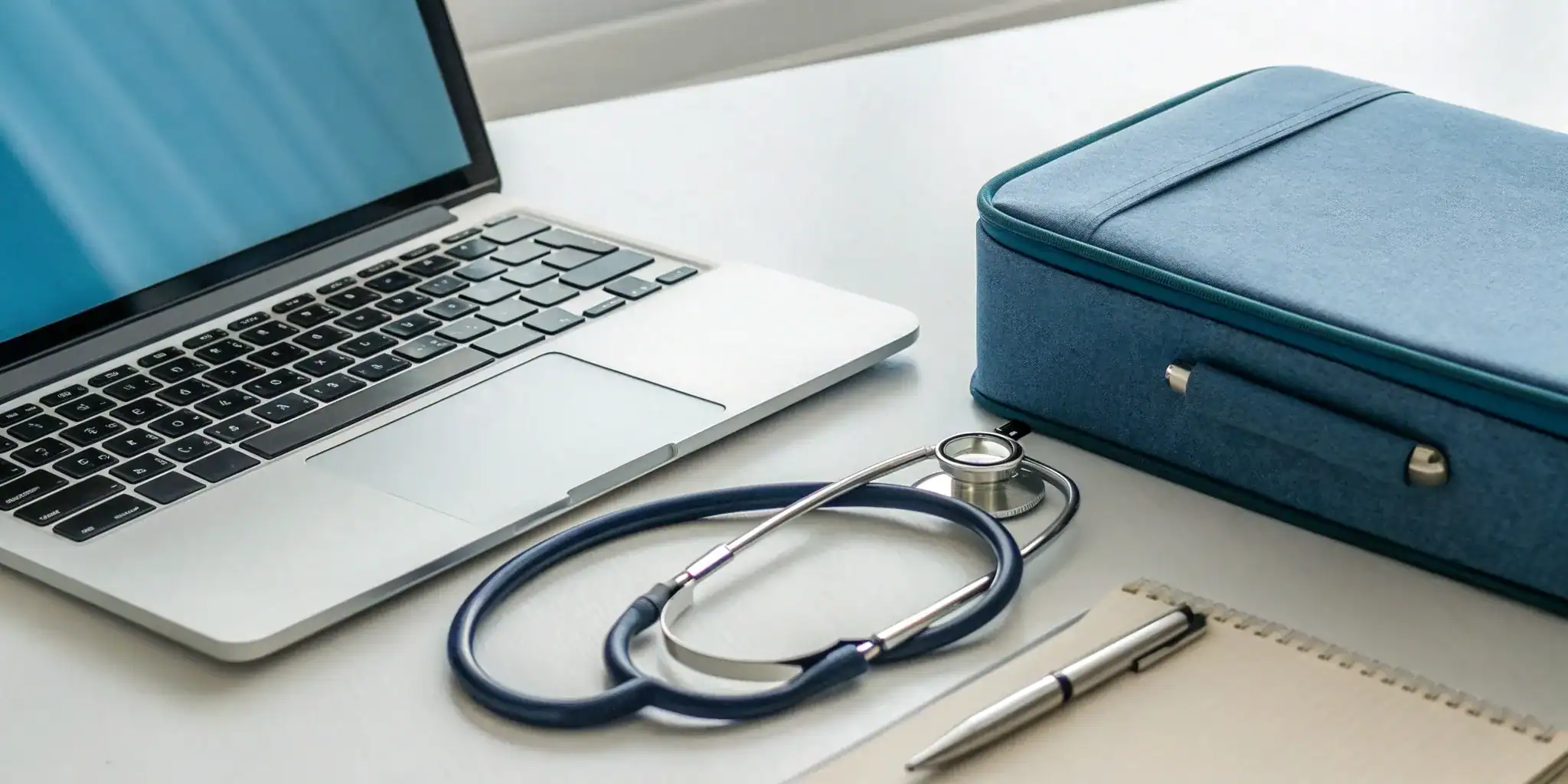Online bloodborne pathogens certification for medical couriers on a laptop next to a stethoscope.