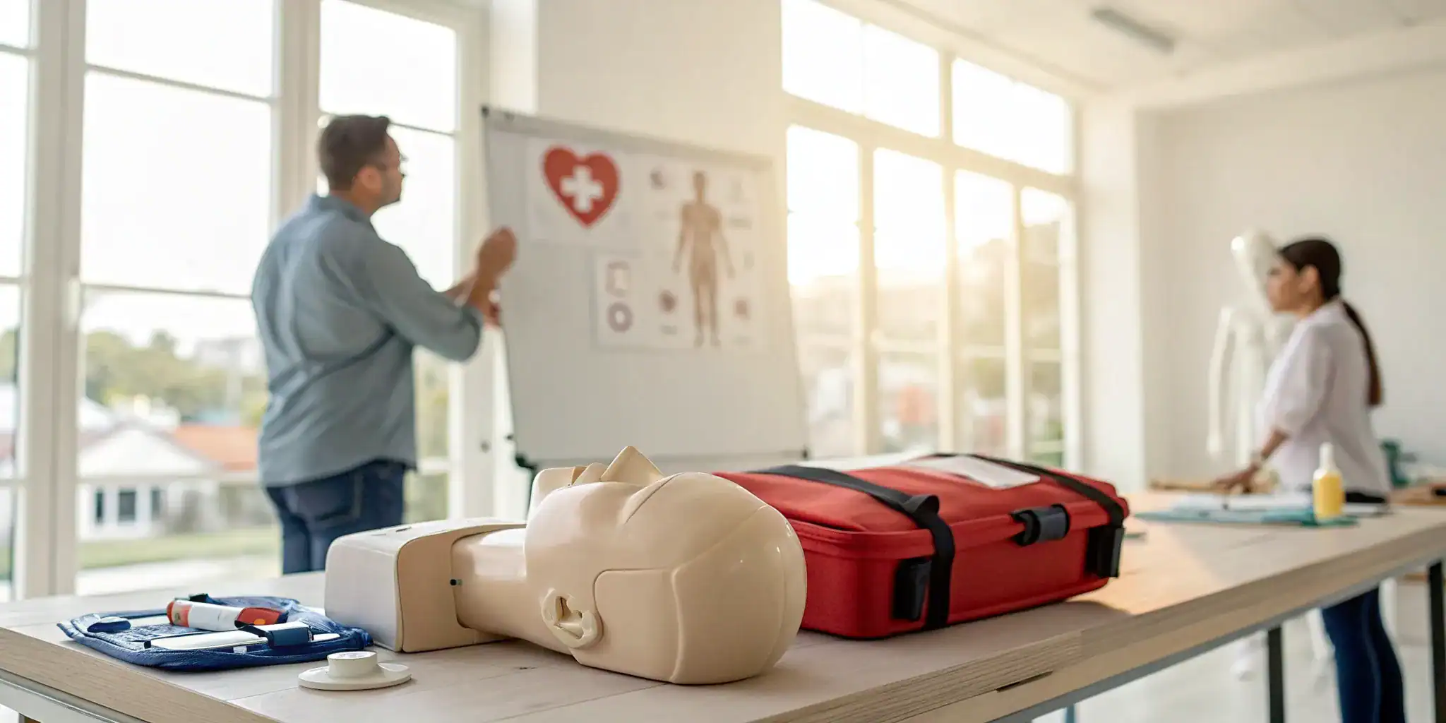Accident and emergency training setup with a CPR manikin and first aid kit.