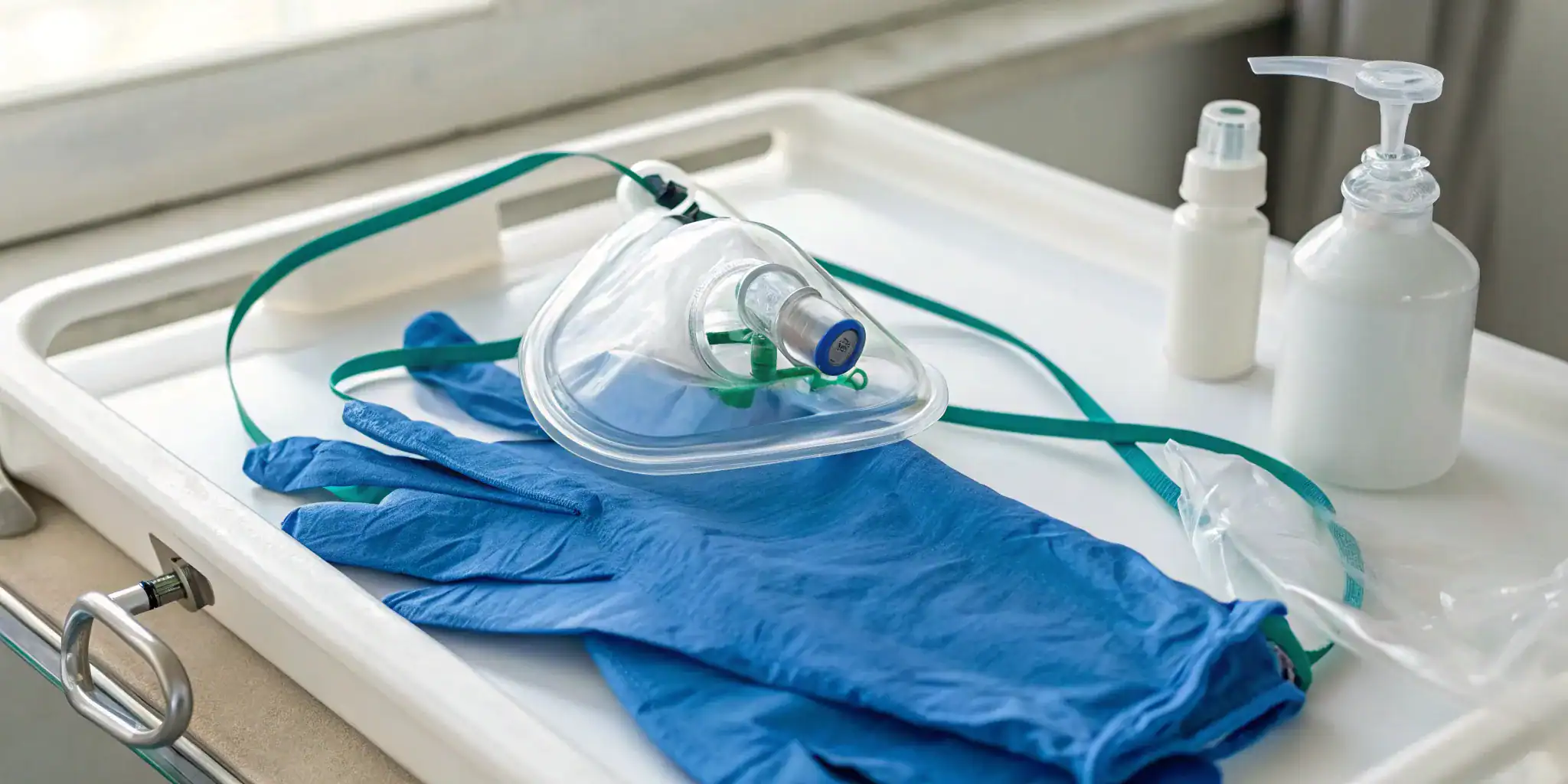 Emergency oxygen administration course equipment with a mask and medical gloves on a tray.