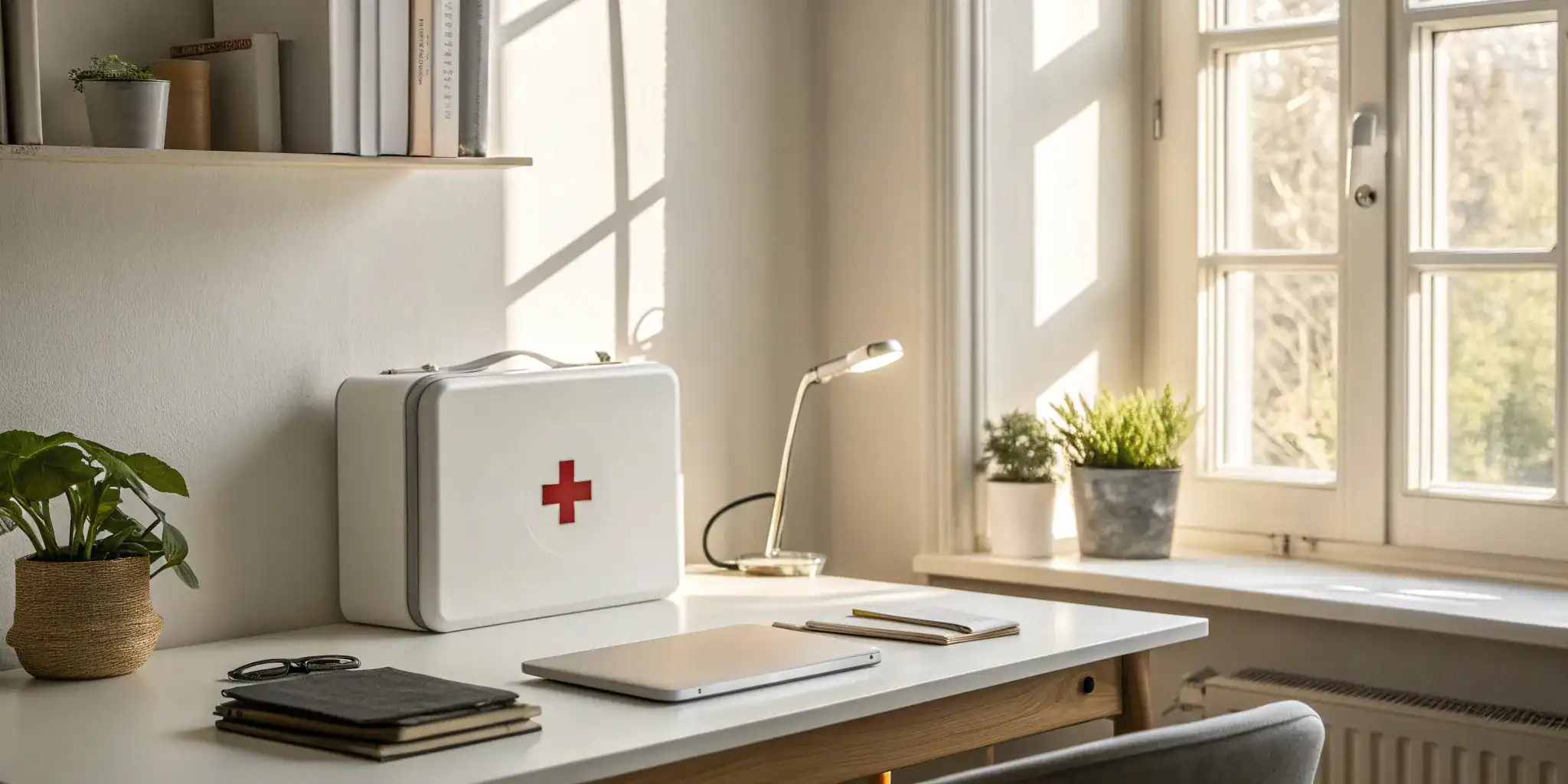 Laptop and first aid kit on a desk for researching a list of first aid courses.
