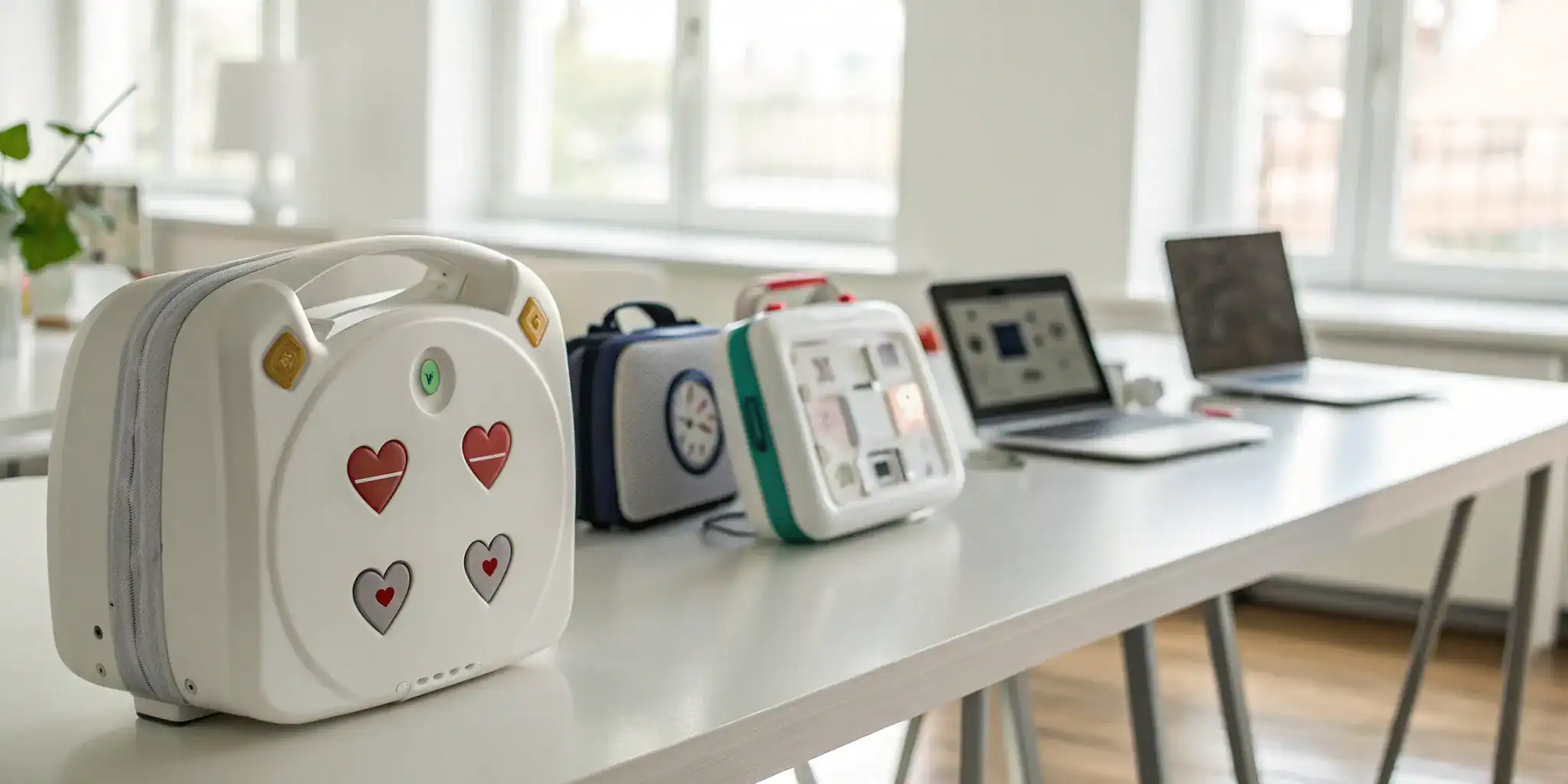 A selection of top AEDs ready for a consumer reports review.