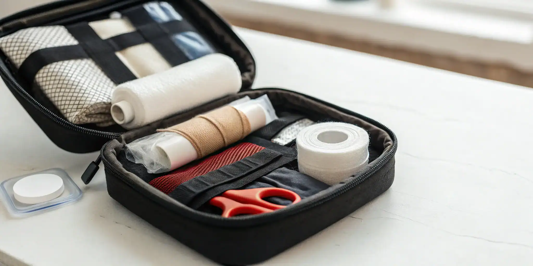 What's in a bleeding control kit: a tourniquet, trauma shears, pressure bandage, and hemostatic gauze.