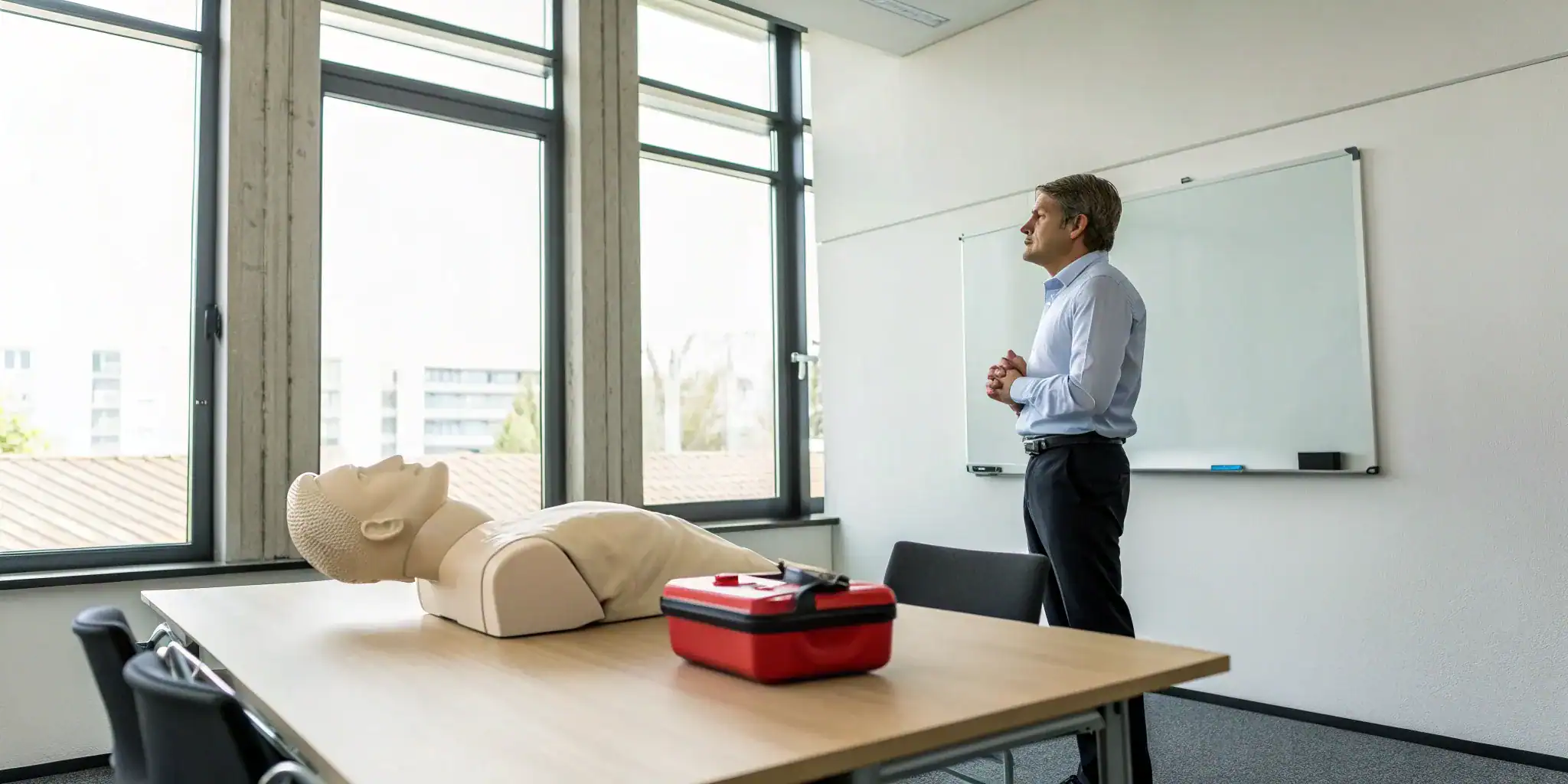 A CPR mannequin and an AED prepared for an onsite training session for a business.