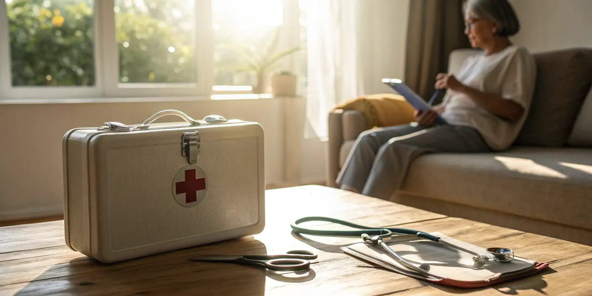 First aid kit and medical tools for a first aid level 3 course on advanced content.
