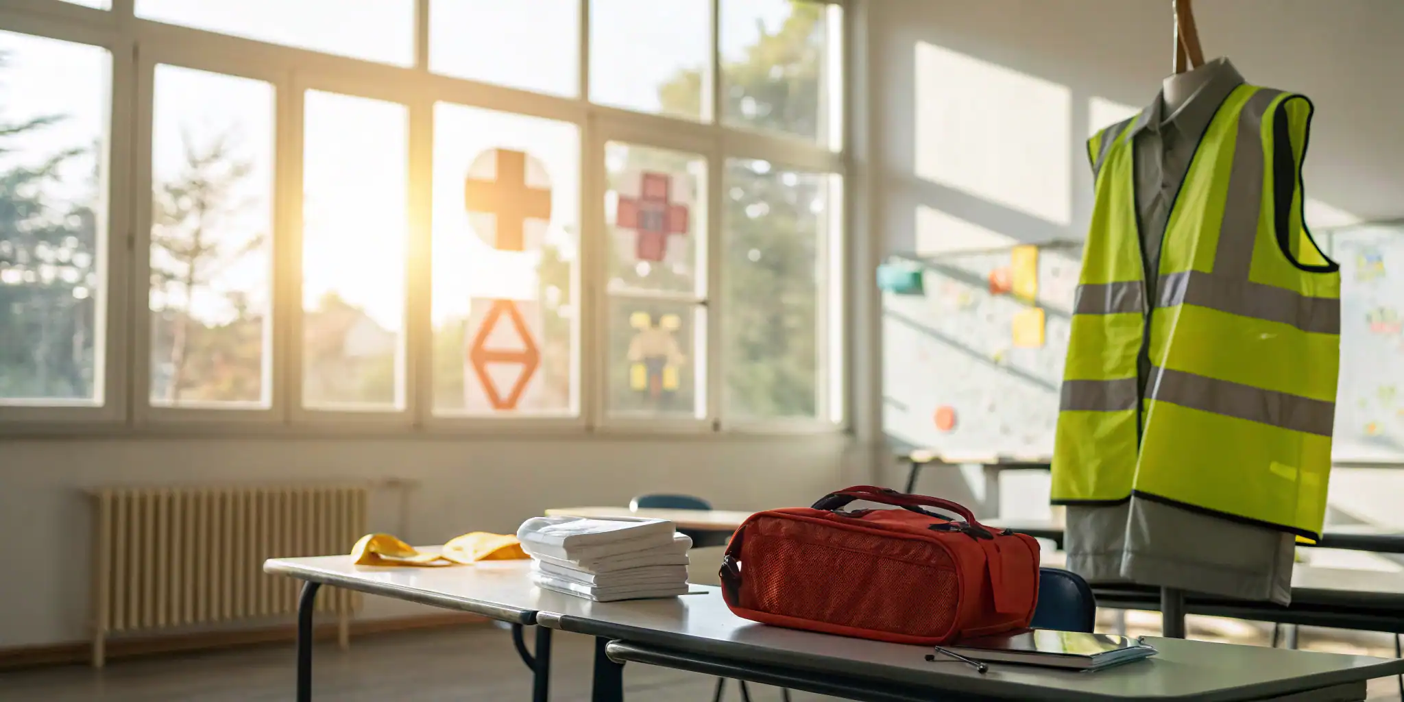 A school desk with an emergency kit and safety vest for active shooter training.