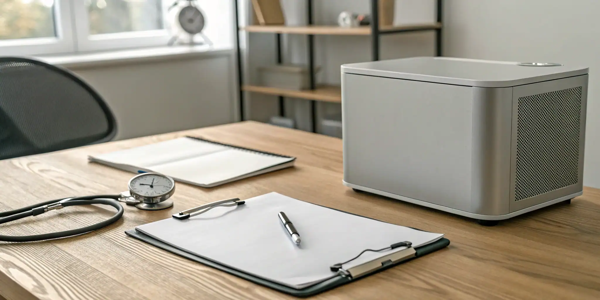 An AED device and checklist on a desk for effective AED compliance management.