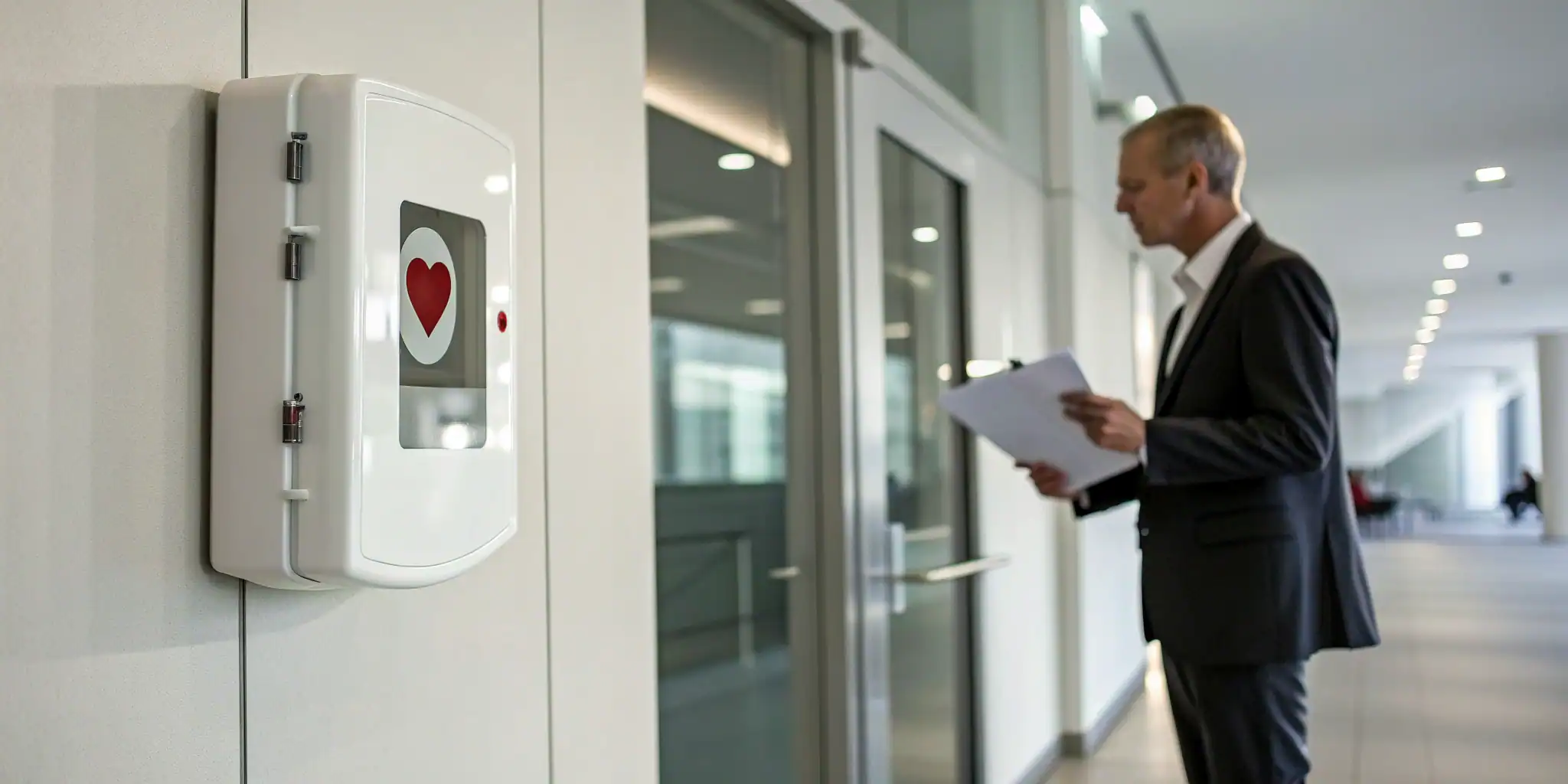 An AED provided by a business lease program in an office hallway.