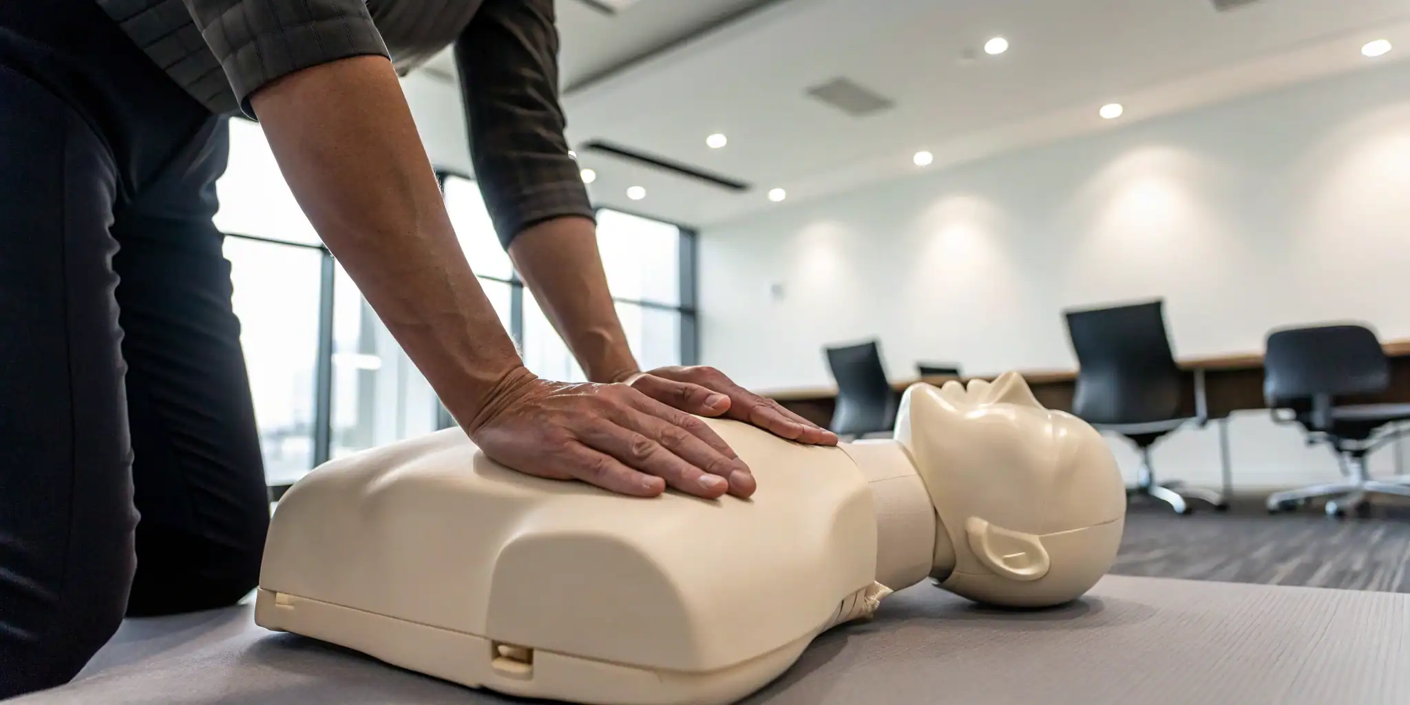 Employee practices CPR on a manikin during a corporate active threat response training.