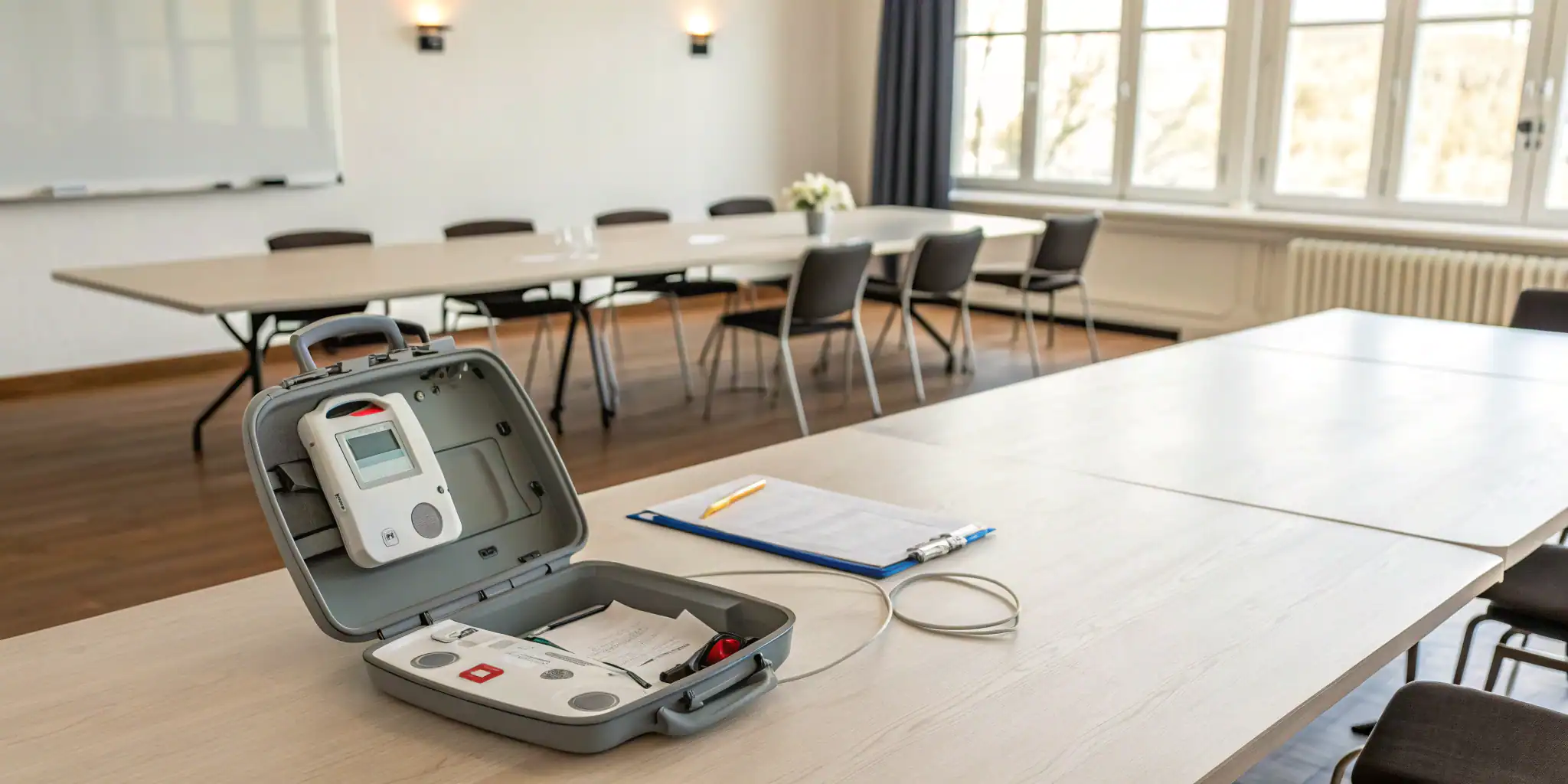 An AED unit in a carrying case, showing what to consider for how much to rent an AED.