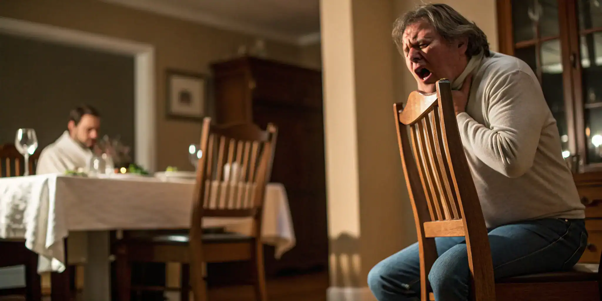 An adult man clutching his throat, the universal sign for choking.