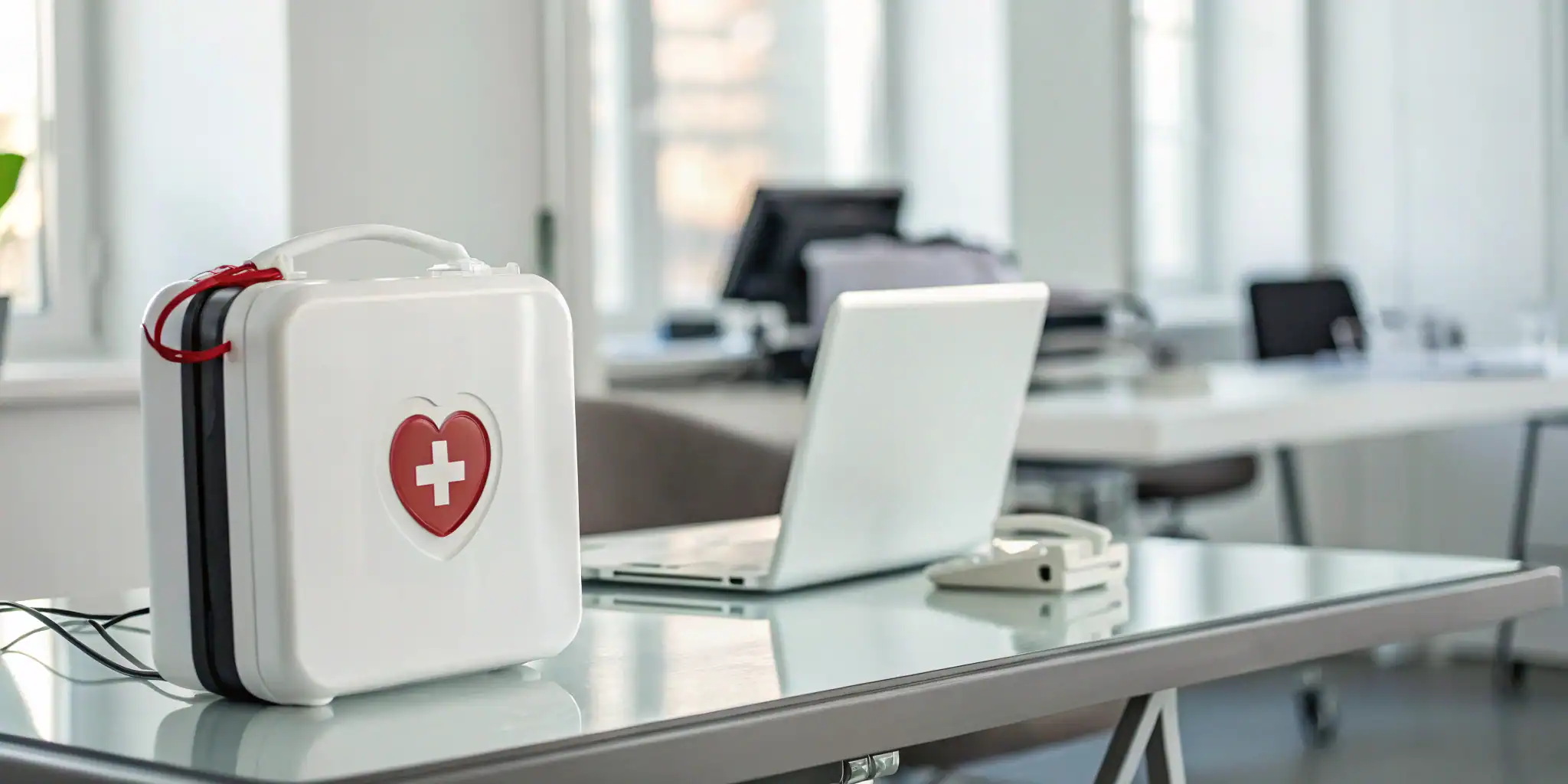 A business deciding to rent vs. buy an AED, with the device on an office desk.